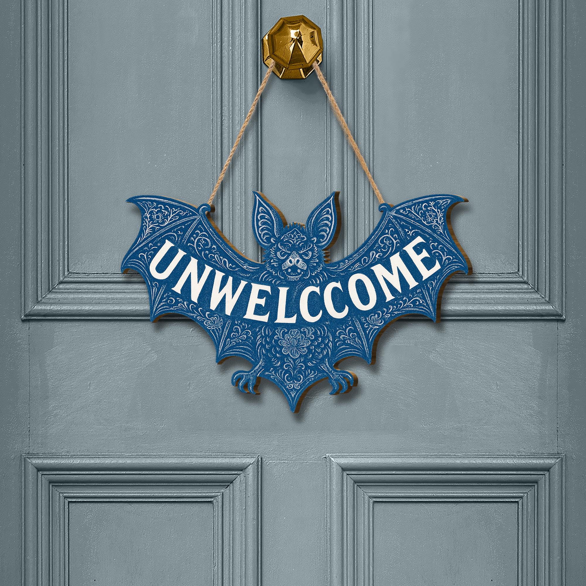 Chinoiserie Bat Unwelcome Sign | Gothic Wooden Door Hanger | Halloween Wall Decor | Spooky Cottagecore Entry Sign | Dark Vintage Home Gift
