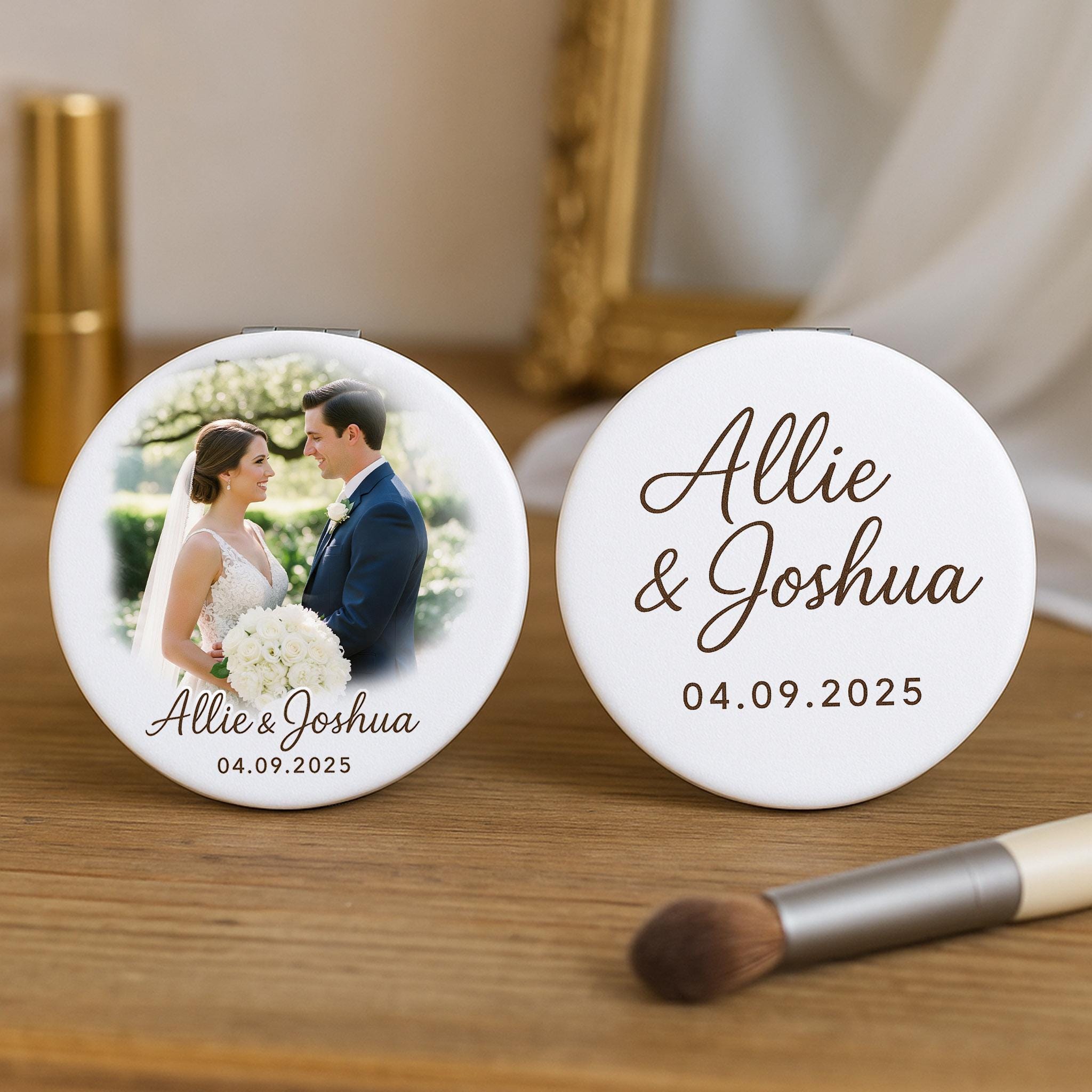Personalized Wedding Compact Mirror with Photo & Names – Custom Bridal Shower or Anniversary Gift – Wedding Favor Keepsake
