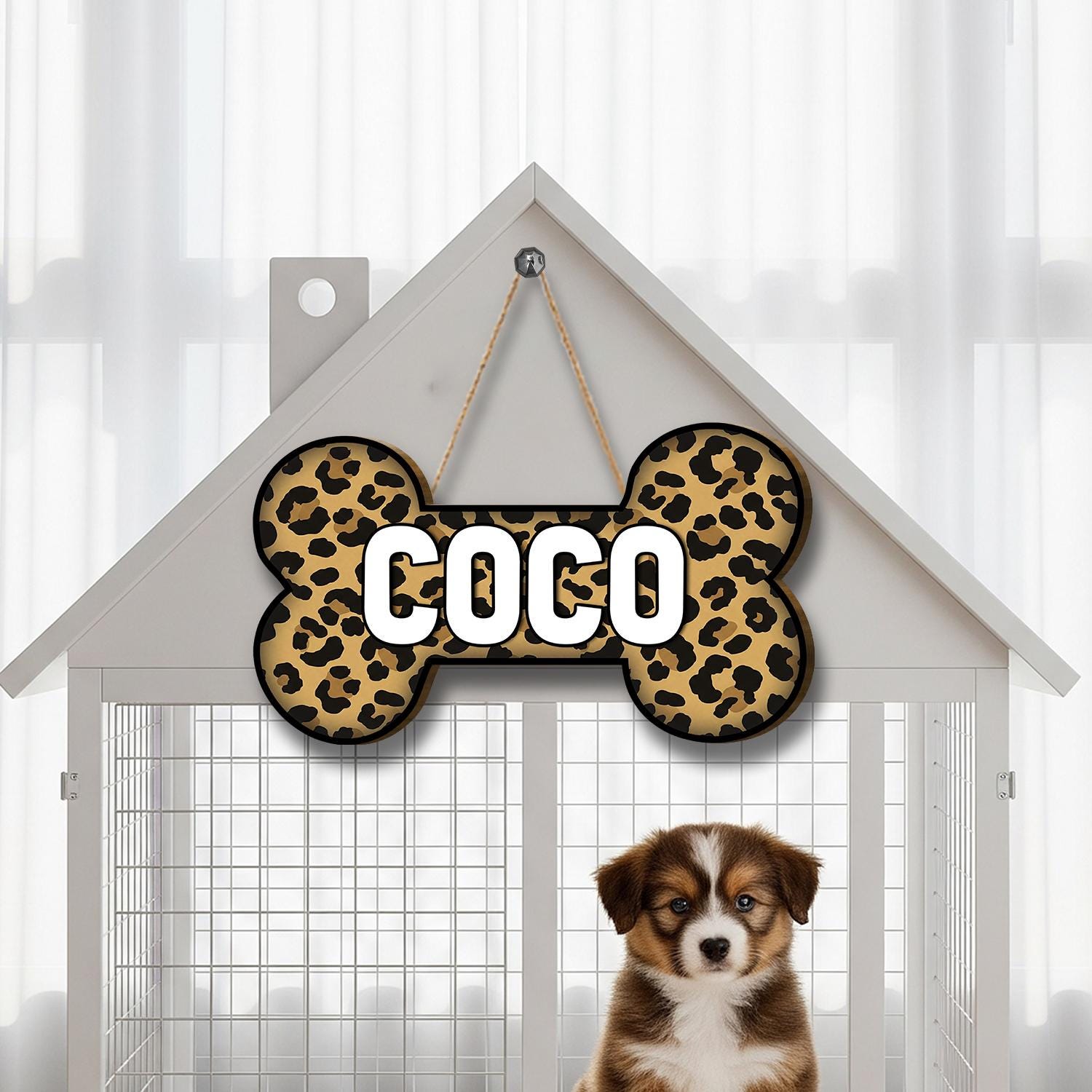 Leopard Print Dog Bone Door Sign with Pet Name Personalization, Custom Animal Print Pet Decor for Dog Lovers, Home Entryway Accent