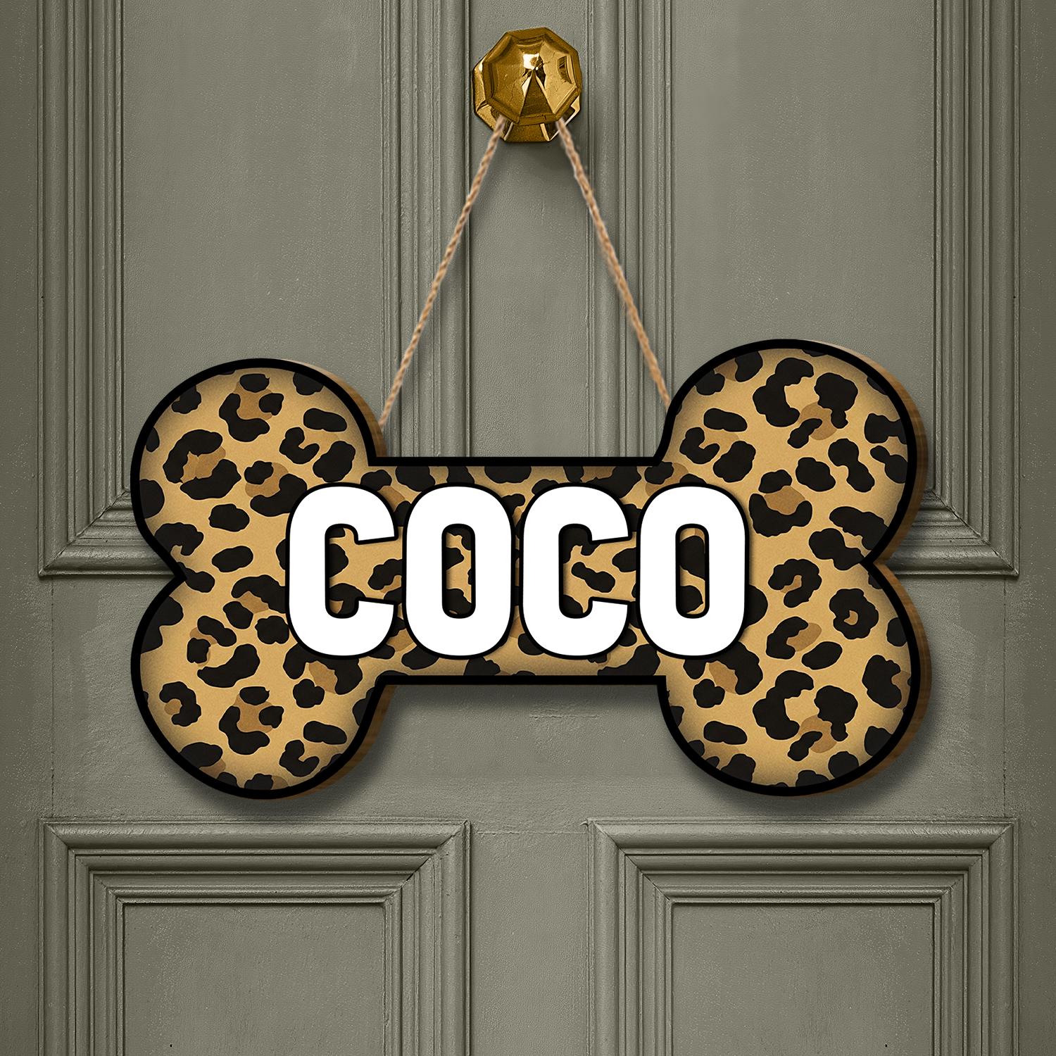 Leopard Print Dog Bone Door Sign with Pet Name Personalization, Custom Animal Print Pet Decor for Dog Lovers, Home Entryway Accent