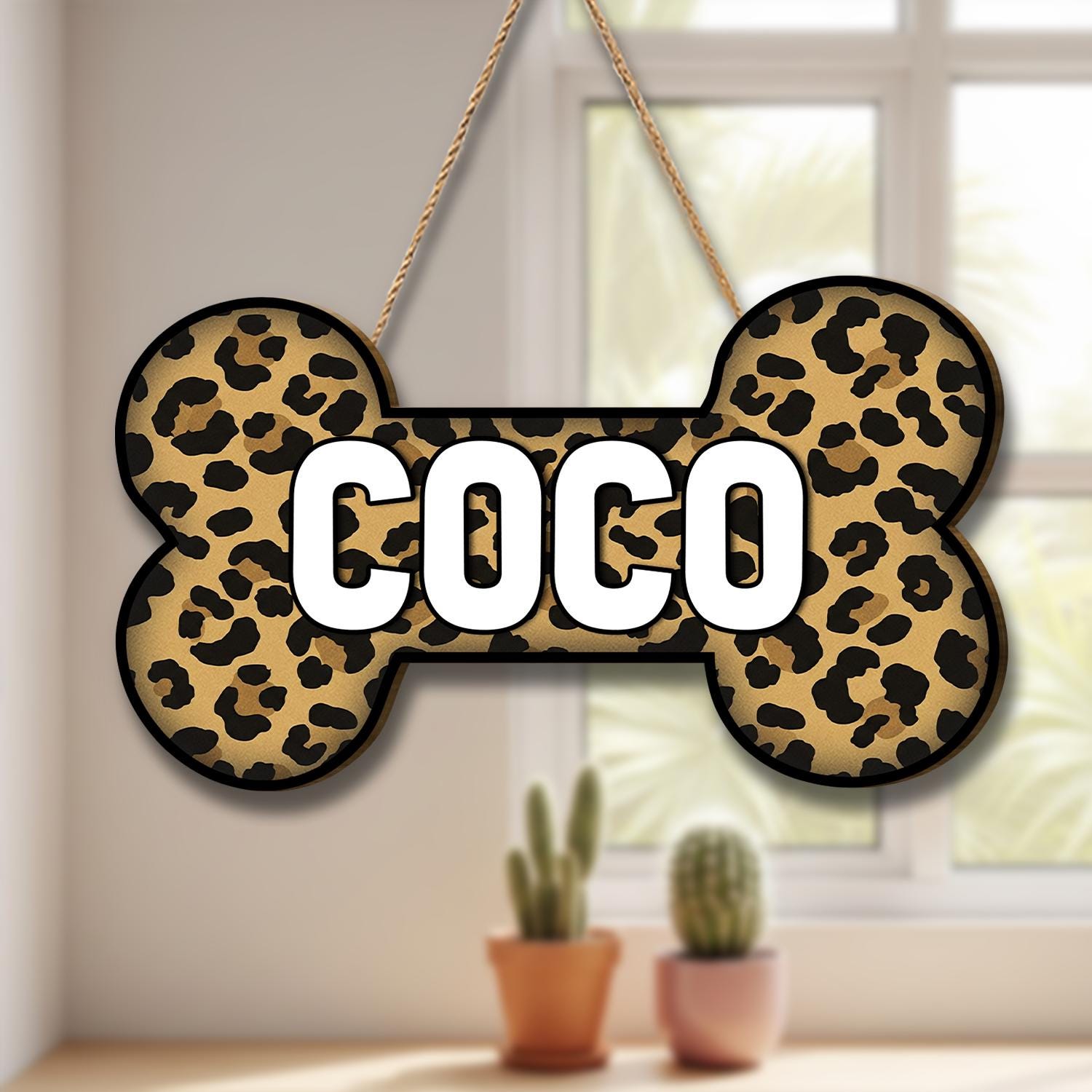 Leopard Print Dog Bone Door Sign with Pet Name Personalization, Custom Animal Print Pet Decor for Dog Lovers, Home Entryway Accent