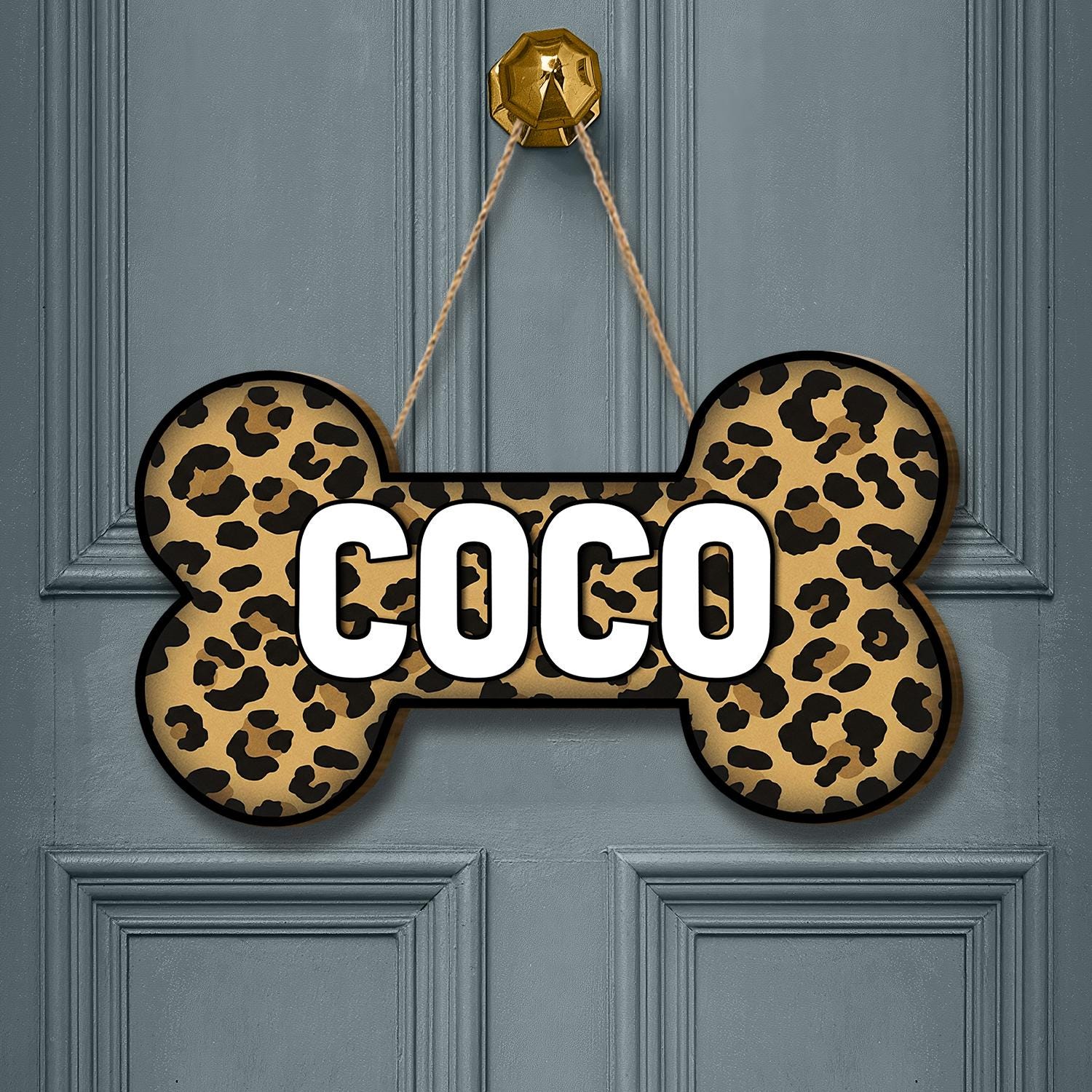 Leopard Print Dog Bone Door Sign with Pet Name Personalization, Custom Animal Print Pet Decor for Dog Lovers, Home Entryway Accent