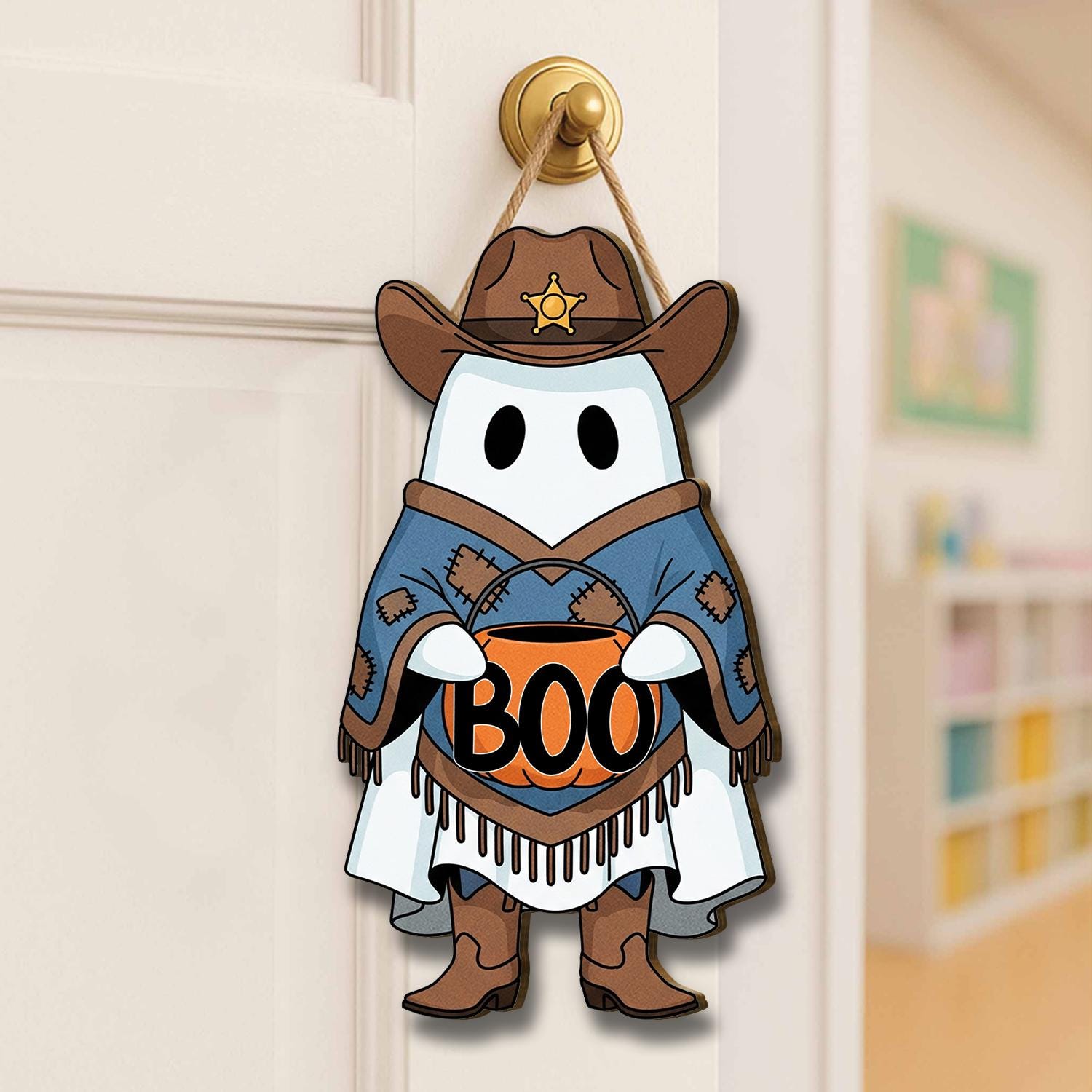 Cowboy Ghost Halloween Door Sign, Western Fall Porch Decor, Cute Spooky Ghost Wall Hanging, Trick or Treat Entryway Decoration, Fall Decor
