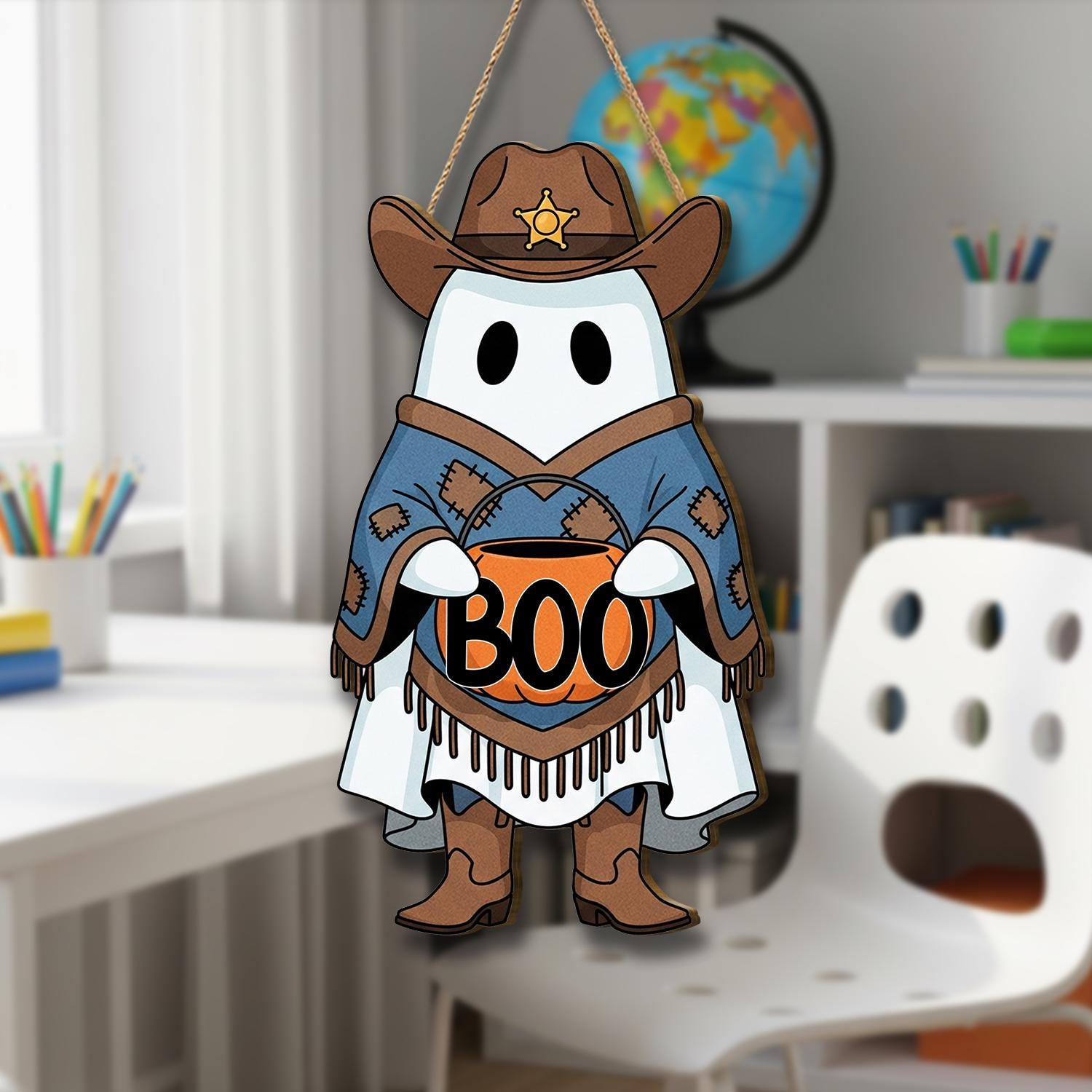 Cowboy Ghost Halloween Door Sign, Western Fall Porch Decor, Cute Spooky Ghost Wall Hanging, Trick or Treat Entryway Decoration, Fall Decor
