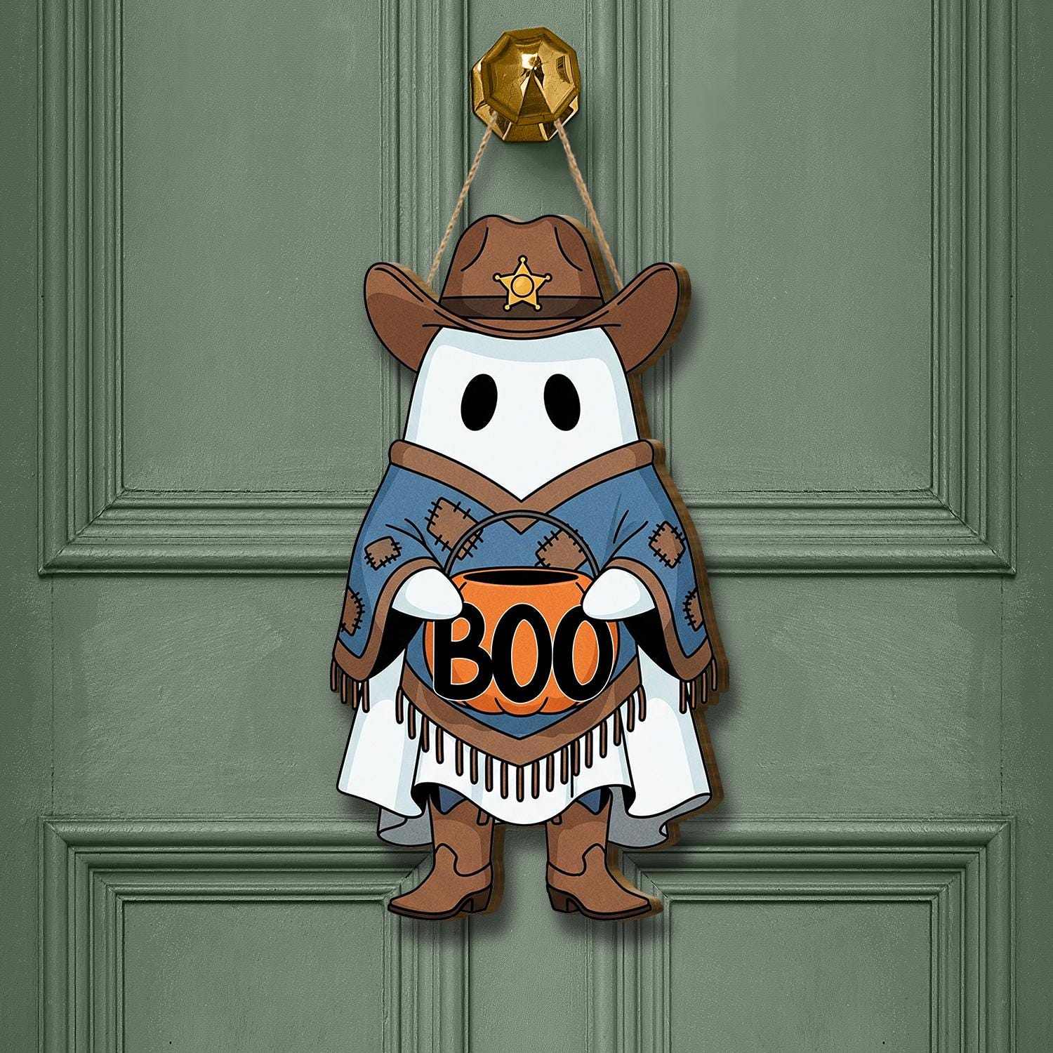 Cowboy Ghost Halloween Door Sign, Western Fall Porch Decor, Cute Spooky Ghost Wall Hanging, Trick or Treat Entryway Decoration, Fall Decor