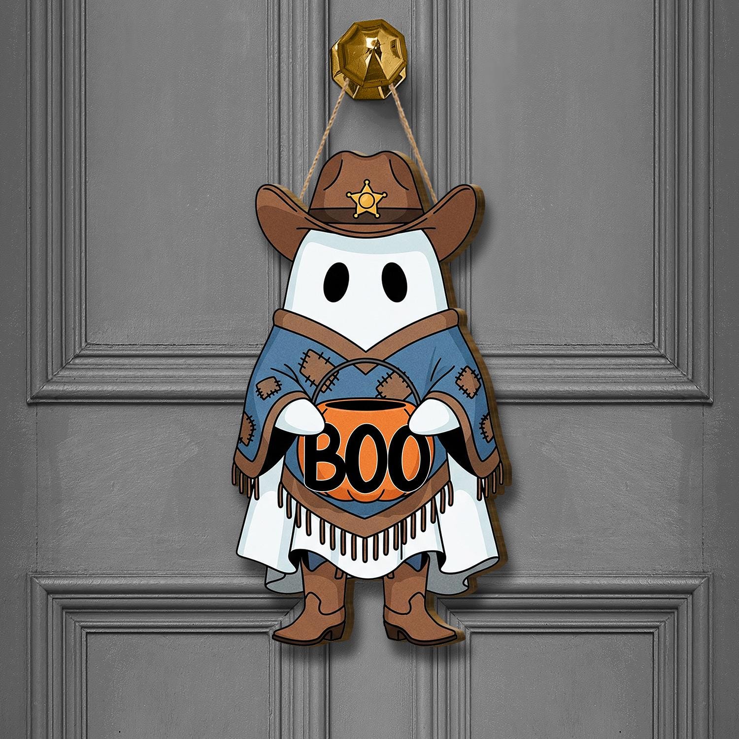 Cowboy Ghost Halloween Door Sign, Western Fall Porch Decor, Cute Spooky Ghost Wall Hanging, Trick or Treat Entryway Decoration, Fall Decor
