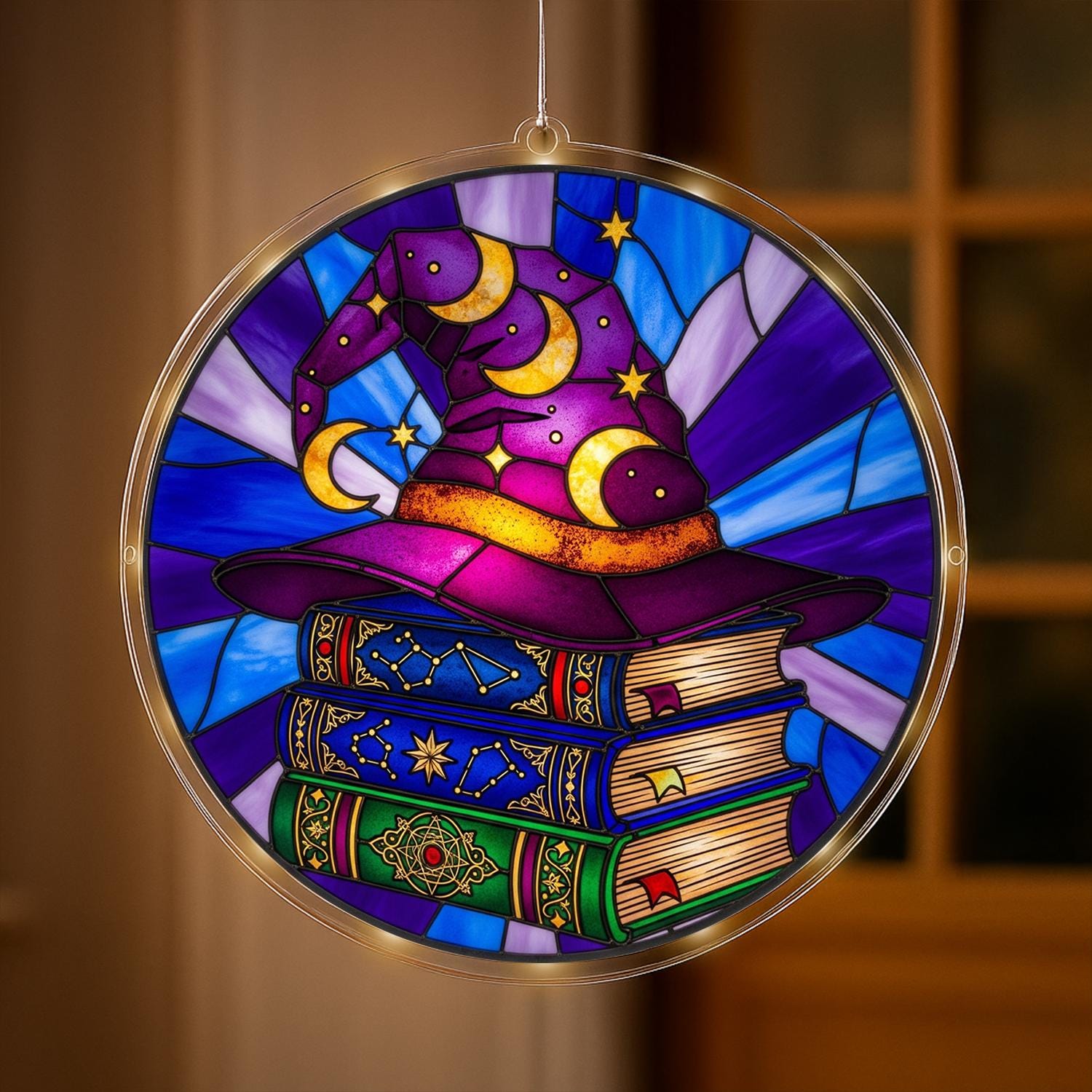 LED Hanging Witch Hat with Spell Books, Magical Moon and Stars Design, Mystical Fantasy Window Light for Home or Gift, Room Decor