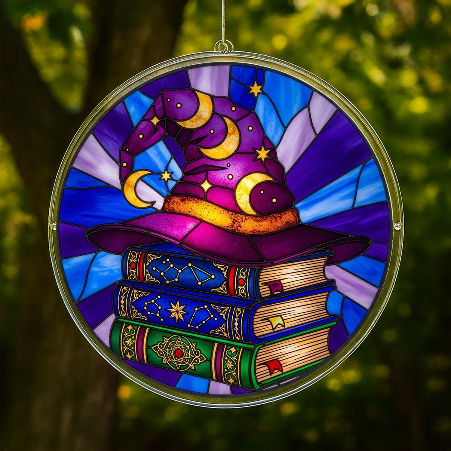 LED Hanging Witch Hat with Spell Books, Magical Moon and Stars Design, Mystical Fantasy Window Light for Home or Gift, Room Decor