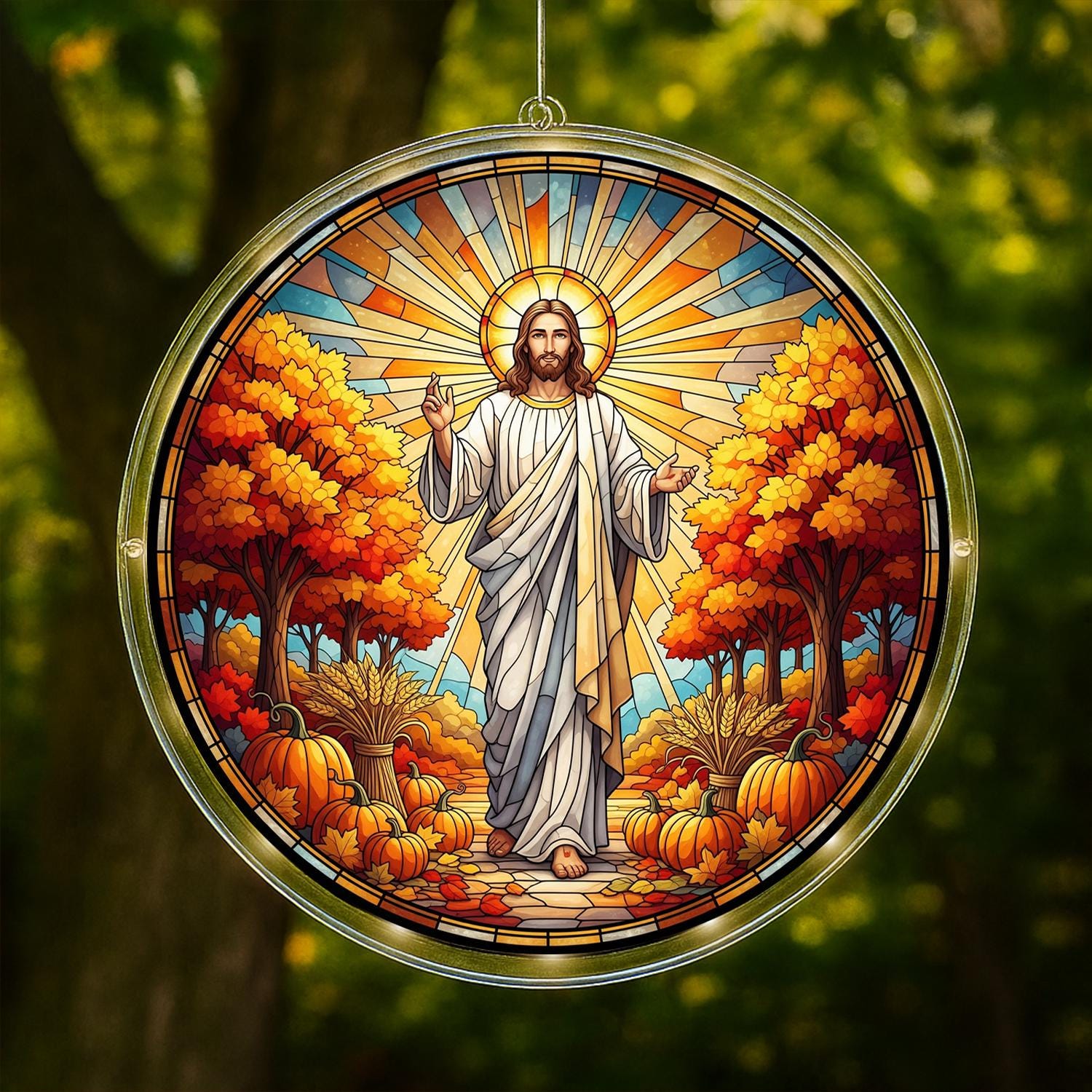 LED Hanging Autumn Scene with Jesus, Religious Christian Window Light, Faith Home Decor with Pumpkins and Fall Trees, Room LED Decor