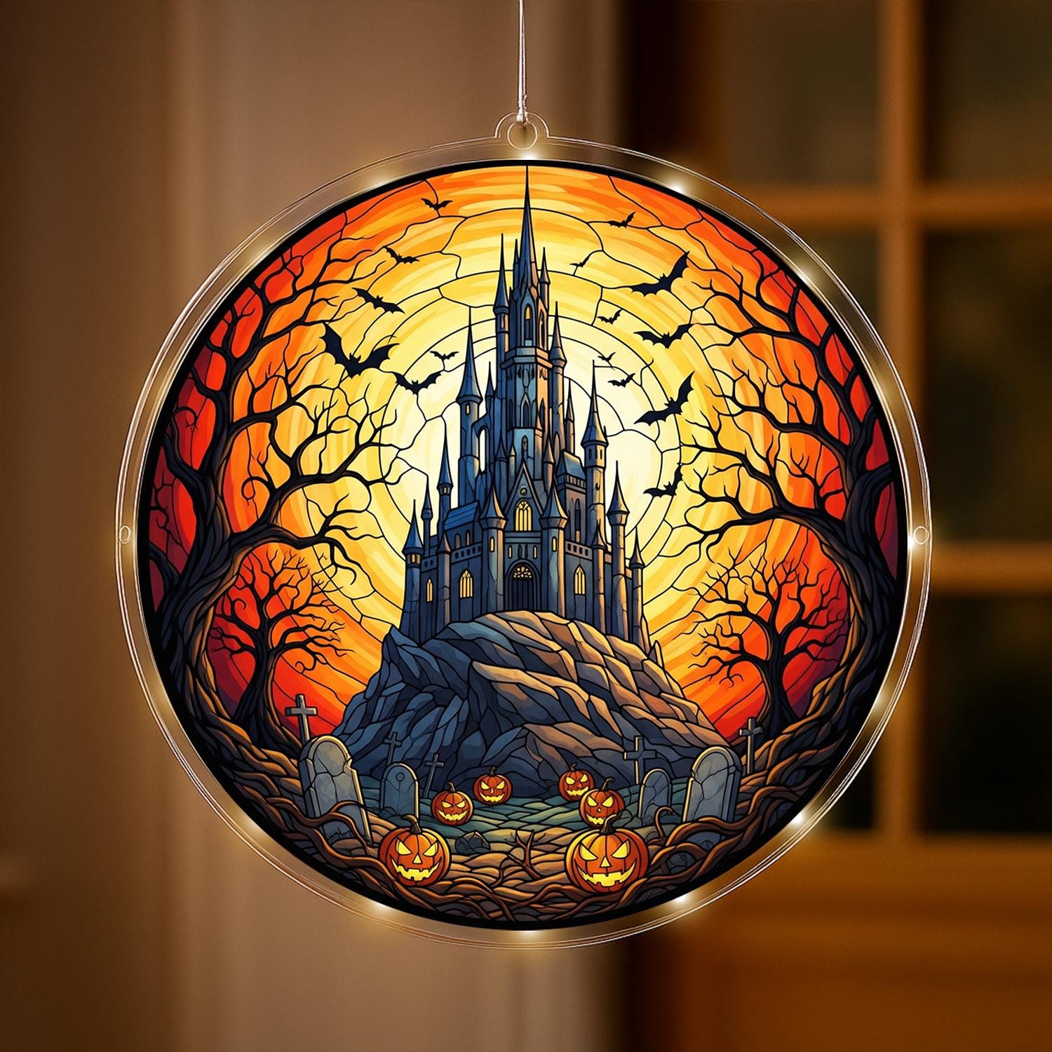 LED Hanging Haunted Castle with Pumpkins, Spooky Halloween Window Light, Gothic Graveyard Scene for Home or Party Decor, Home Decor Gift