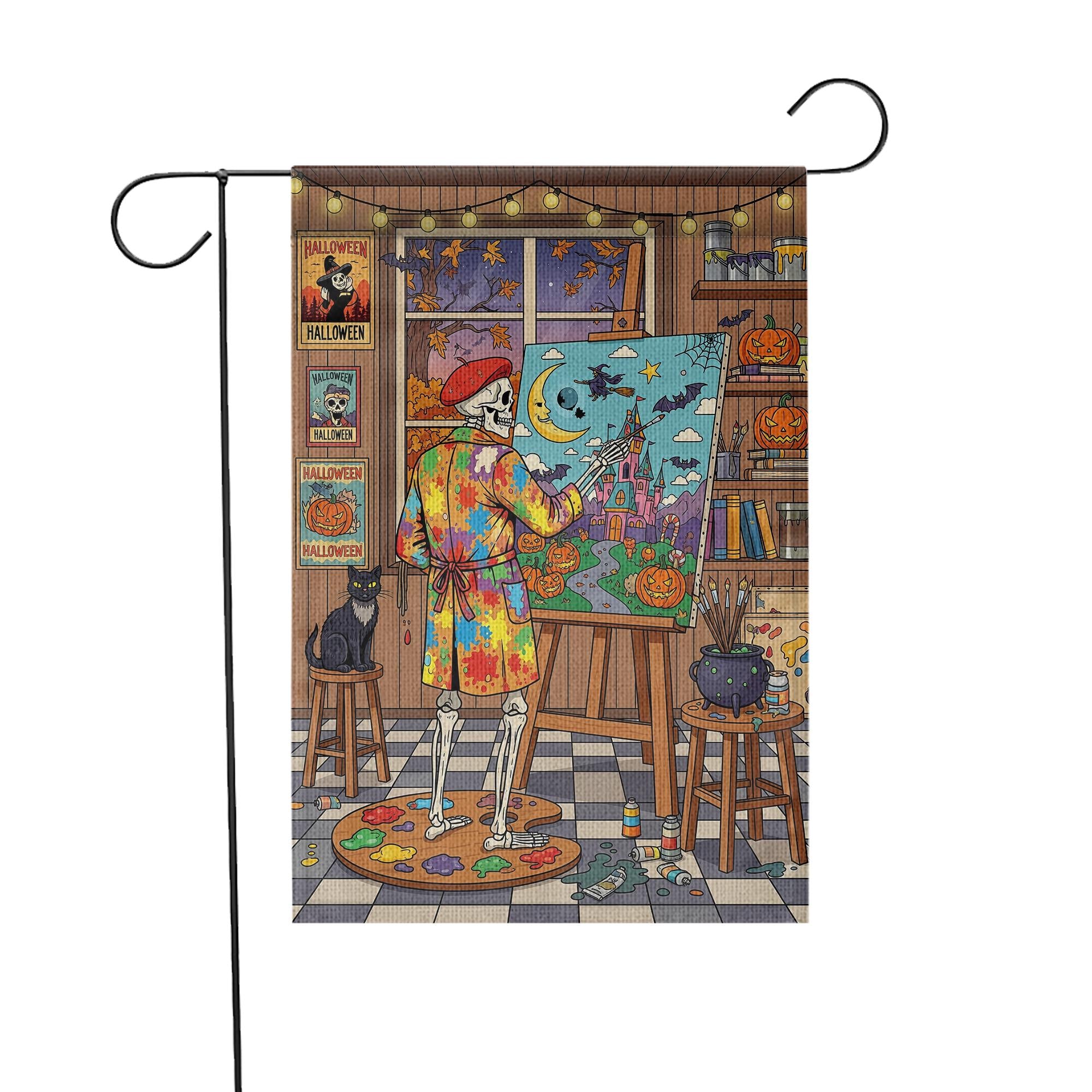 Halloween Skeleton Artist Garden Flag – Spooky Skeleton Painting Yard Decor, Autumn Halloween Outdoor Flag