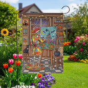 Halloween Skeleton Artist Garden Flag – Spooky Skeleton Painting Yard Decor, Autumn Halloween Outdoor Flag