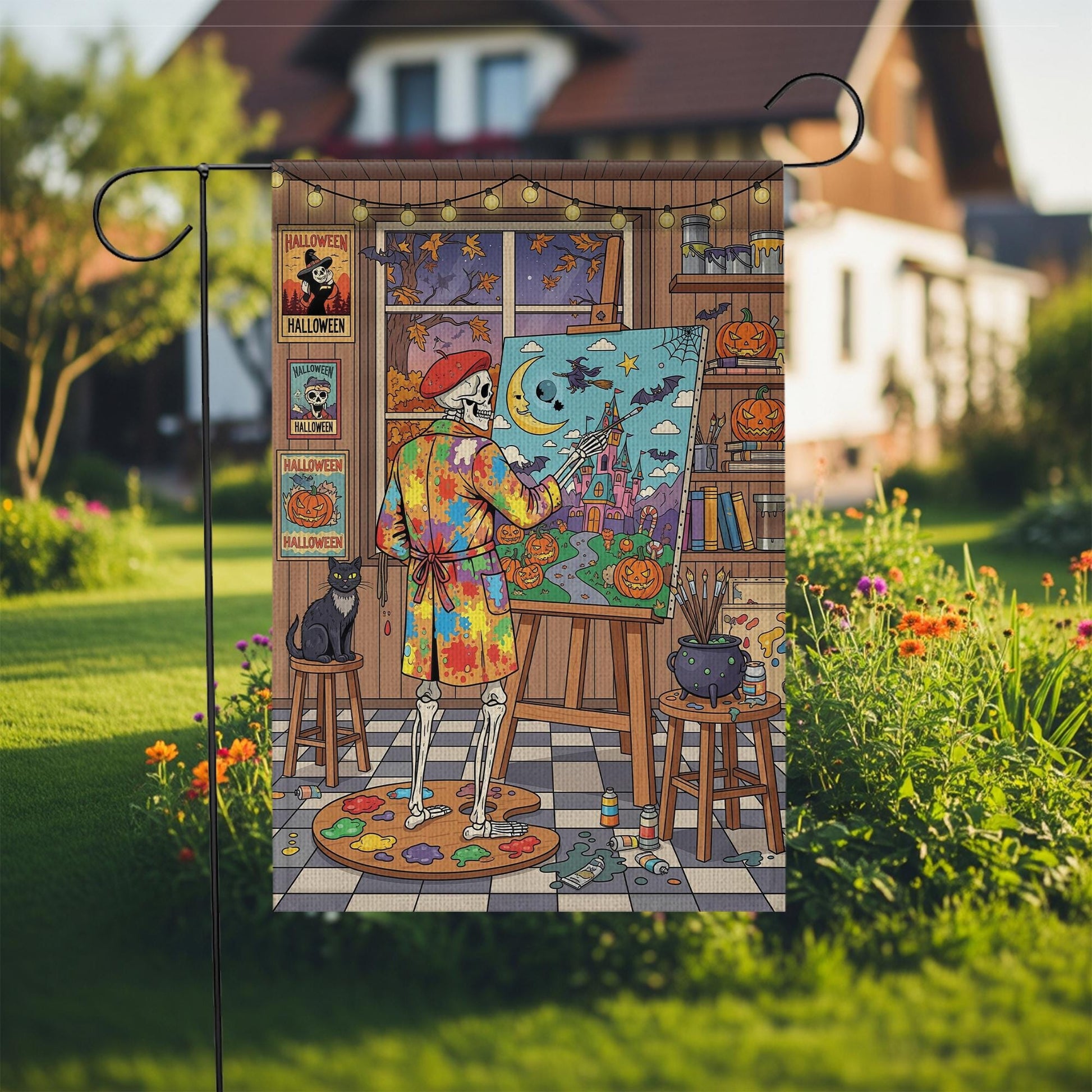Halloween Skeleton Artist Garden Flag – Spooky Skeleton Painting Yard Decor, Autumn Halloween Outdoor Flag