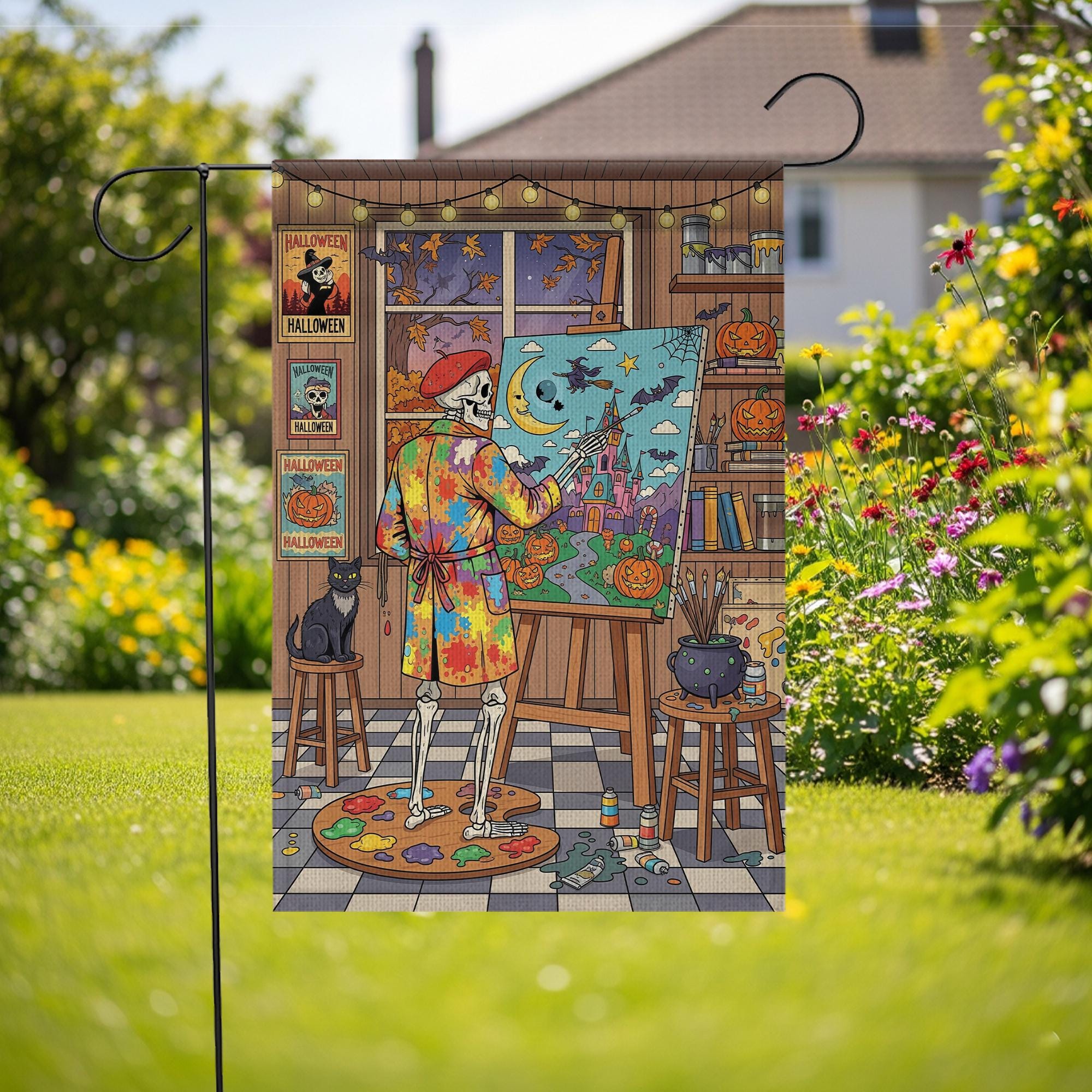 Halloween Skeleton Artist Garden Flag – Spooky Skeleton Painting Yard Decor, Autumn Halloween Outdoor Flag