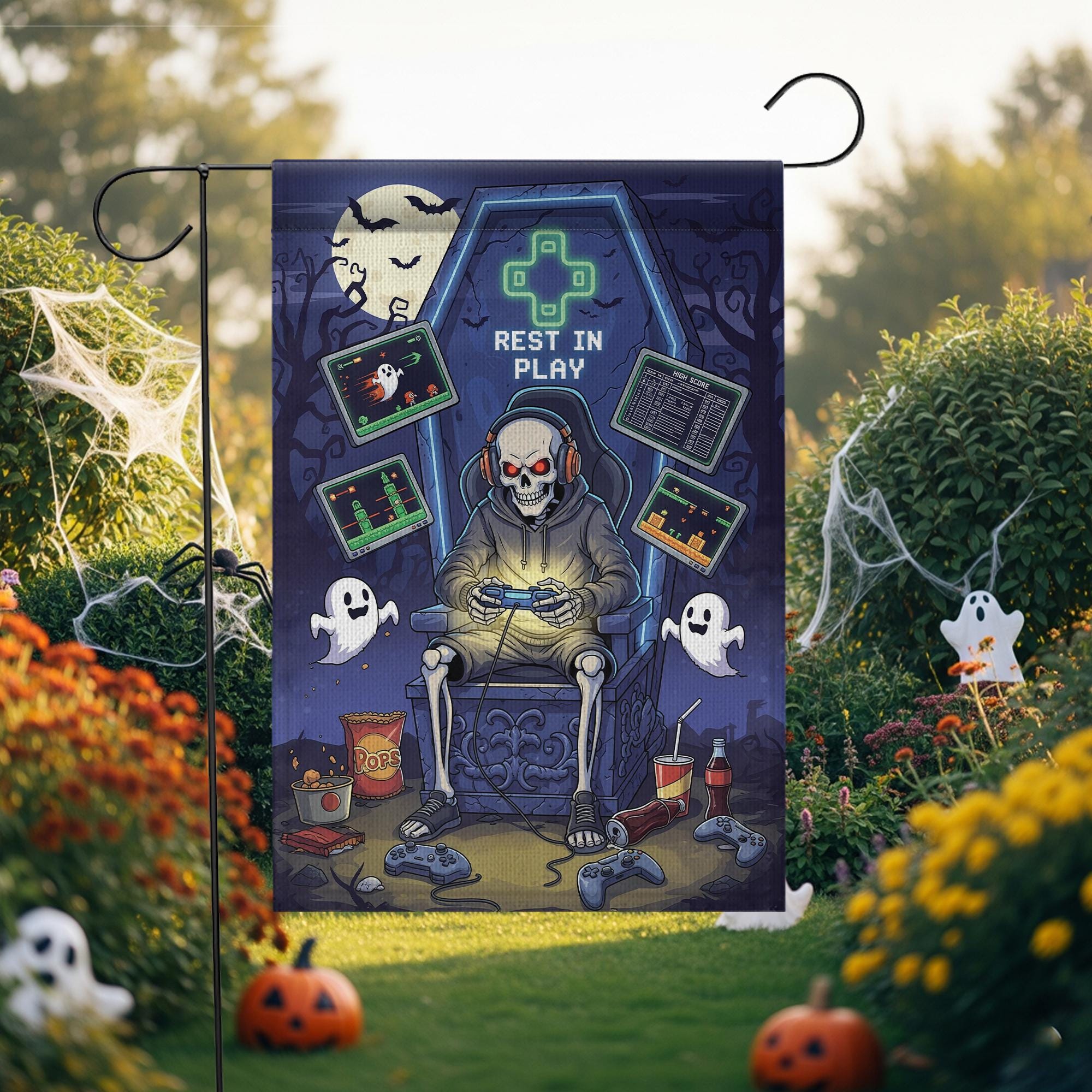 Rest in Play Skeleton Gamer Garden Flag – Halloween Game Decor, Spooky Yard Banner