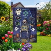 Rest in Play Skeleton Gamer Garden Flag – Halloween Game Decor, Spooky Yard Banner