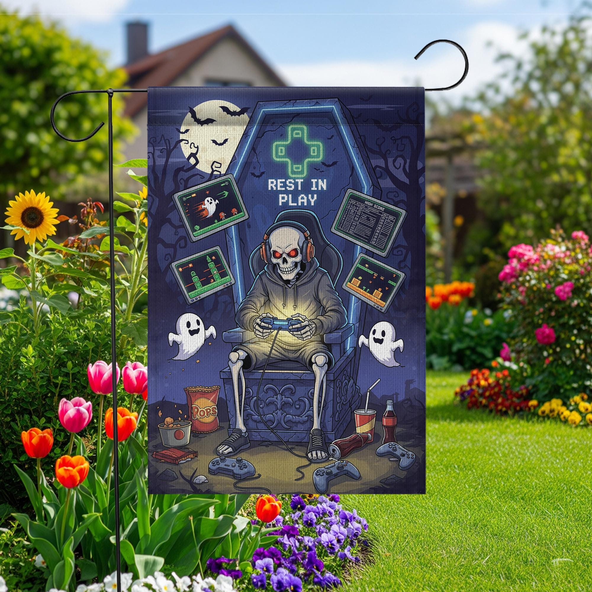 Rest in Play Skeleton Gamer Garden Flag – Halloween Game Decor, Spooky Yard Banner