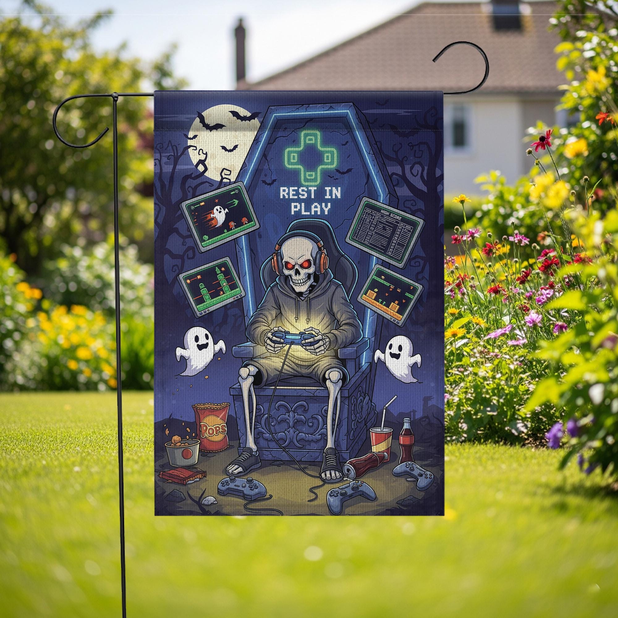 Rest in Play Skeleton Gamer Garden Flag – Halloween Game Decor, Spooky Yard Banner