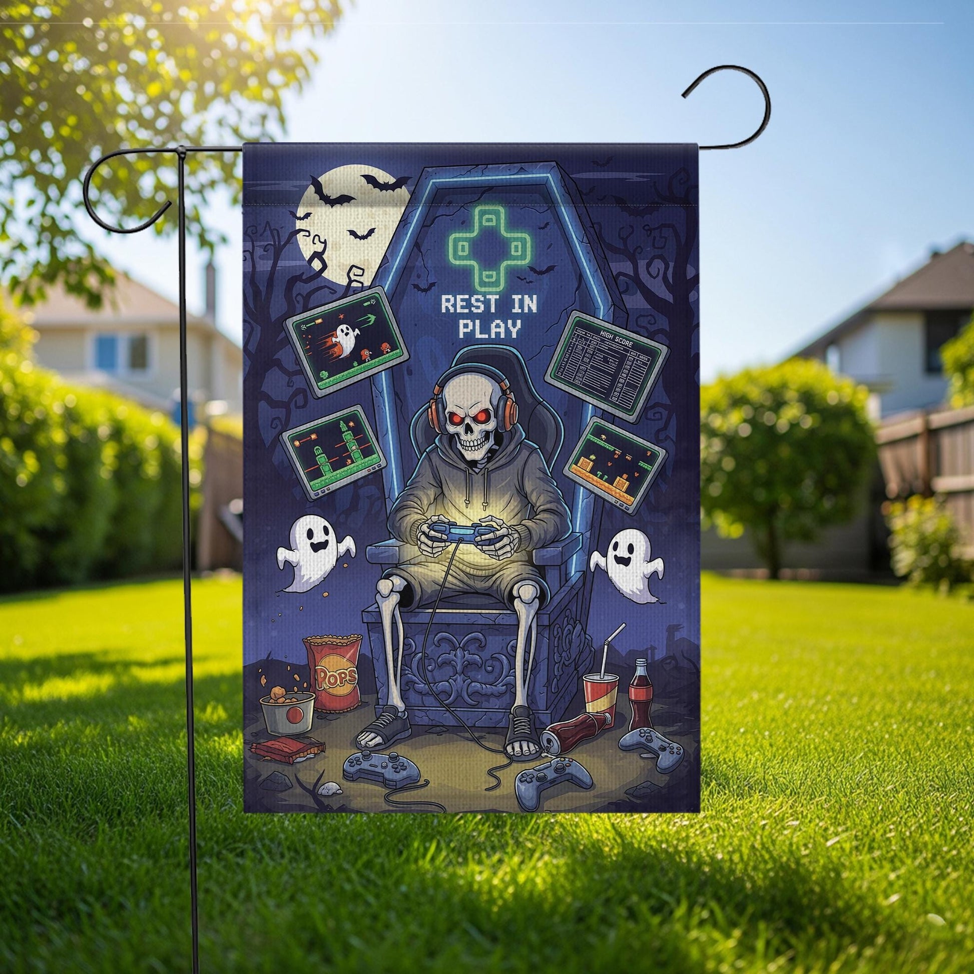 Rest in Play Skeleton Gamer Garden Flag – Halloween Game Decor, Spooky Yard Banner
