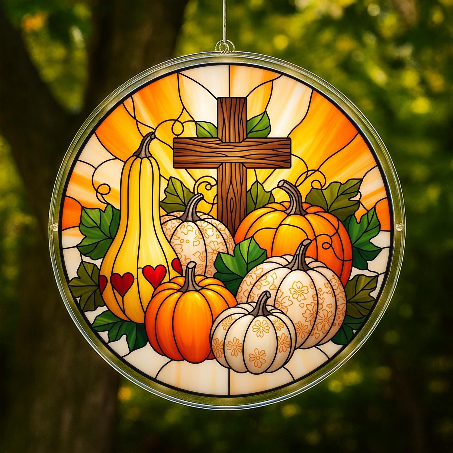 LED Hanging Cross with Pumpkins, Autumn Harvest Christian Window Light, Religious Fall Home Decor and Thanksgiving Gift, Fall Home Decor