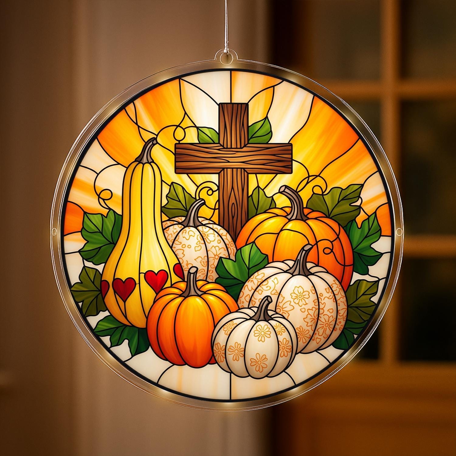 LED Hanging Cross with Pumpkins, Autumn Harvest Christian Window Light, Religious Fall Home Decor and Thanksgiving Gift, Fall Home Decor