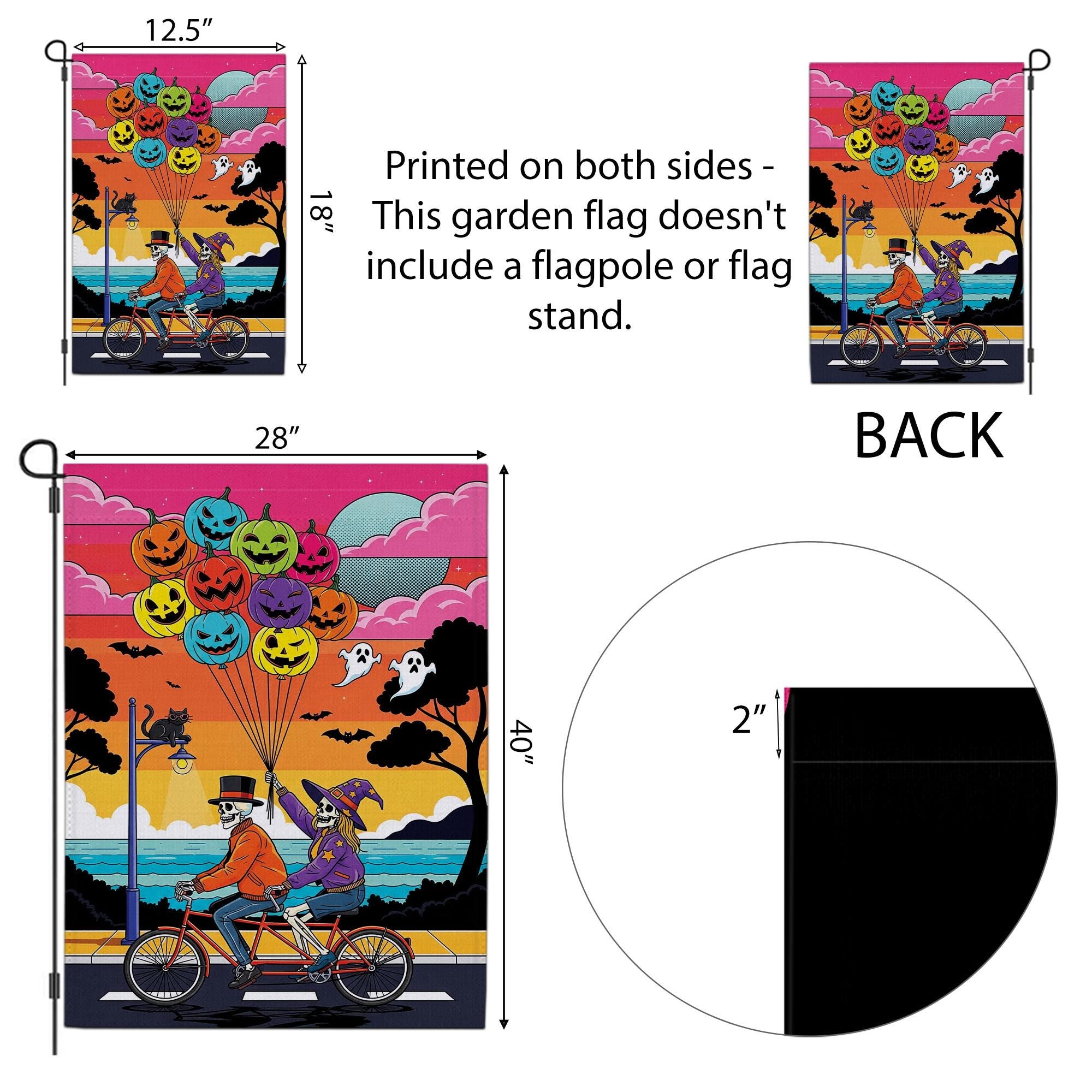 Halloween Skeleton Tandem Bike Flag – Spooky Pumpkin Balloon Garden Decor, Beach Sunset Yard Banner
