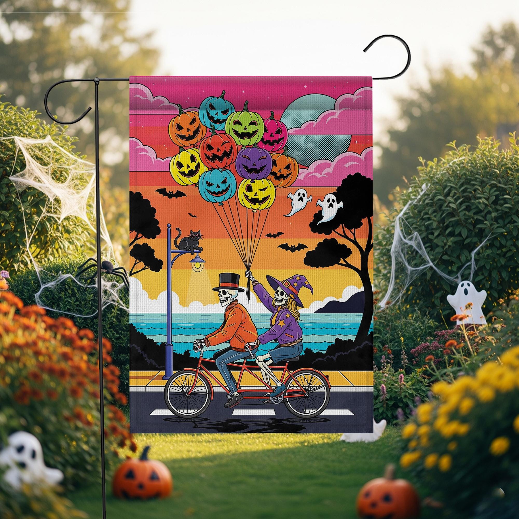 Halloween Skeleton Tandem Bike Flag – Spooky Pumpkin Balloon Garden Decor, Beach Sunset Yard Banner