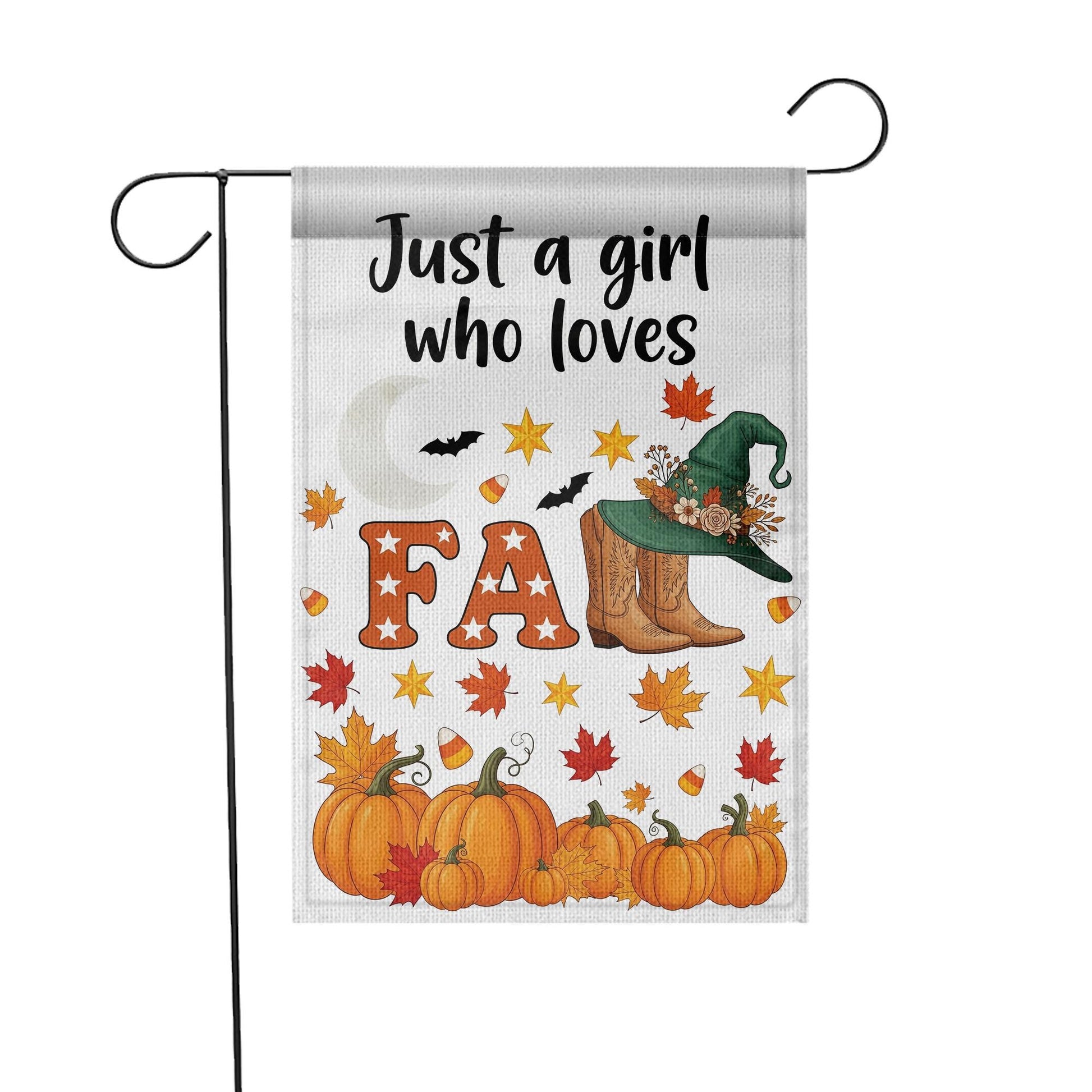 Just a Girl Who Loves Fall Garden Flag – Pumpkin Cozy Autumn Décor, Witch Hat & Boots Yard Banner