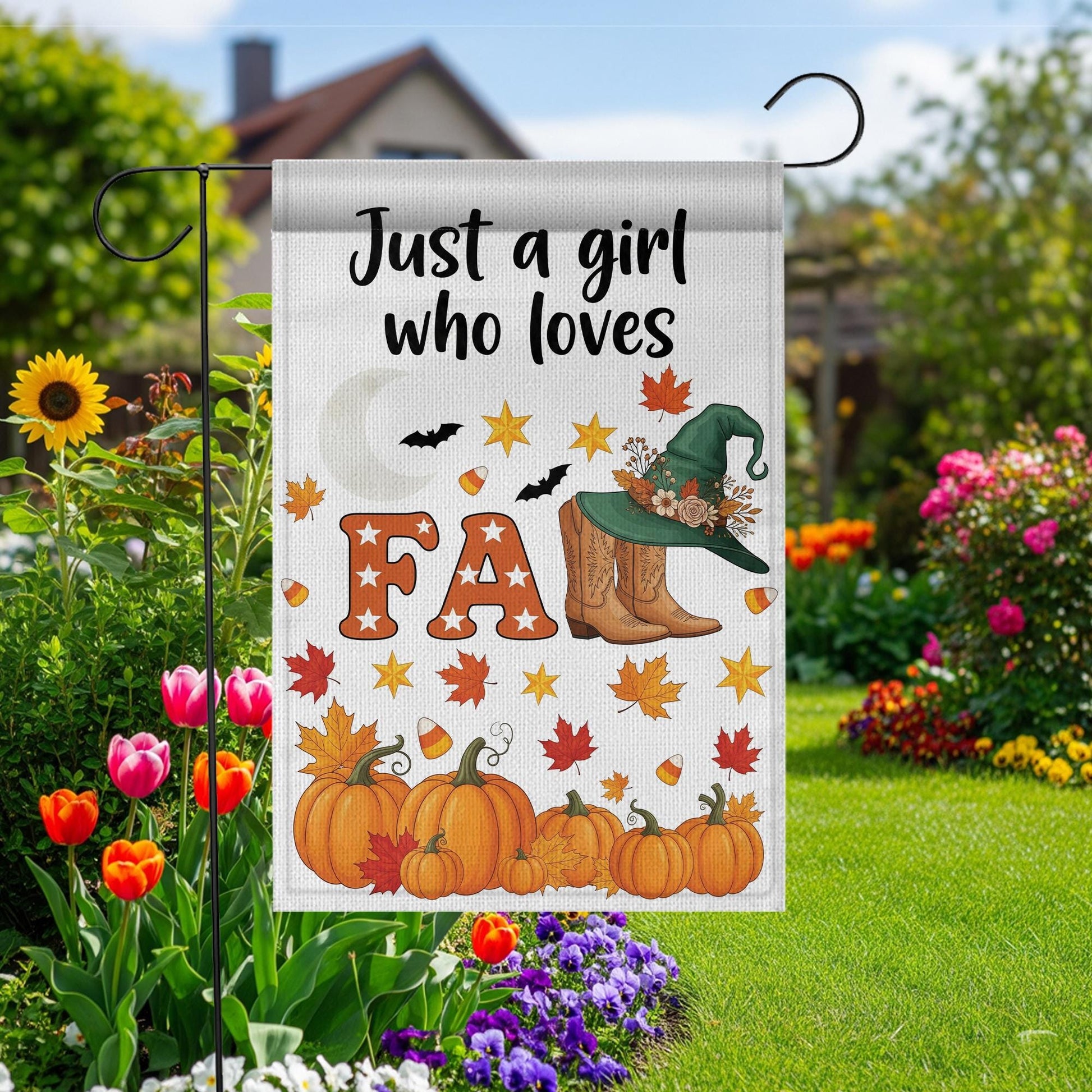 Just a Girl Who Loves Fall Garden Flag – Pumpkin Cozy Autumn Décor, Witch Hat & Boots Yard Banner
