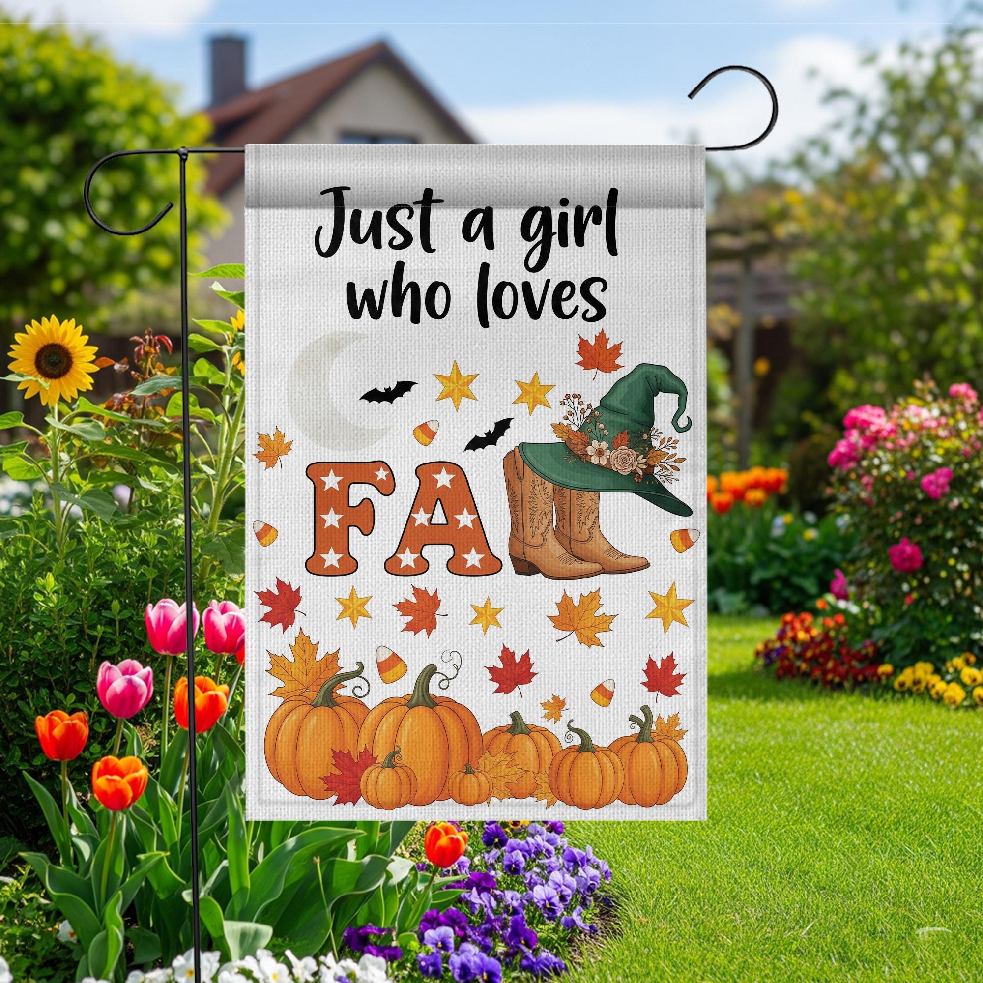 Just a Girl Who Loves Fall Garden Flag – Pumpkin Cozy Autumn Décor, Witch Hat & Boots Yard Banner
