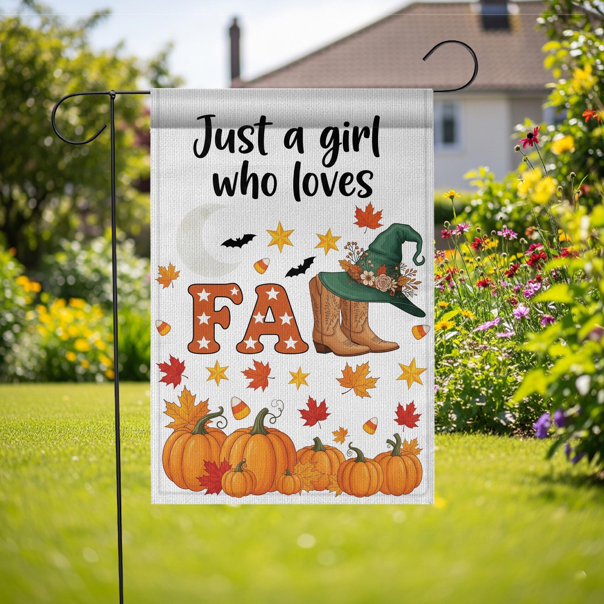 Just a Girl Who Loves Fall Garden Flag – Pumpkin Cozy Autumn Décor, Witch Hat & Boots Yard Banner