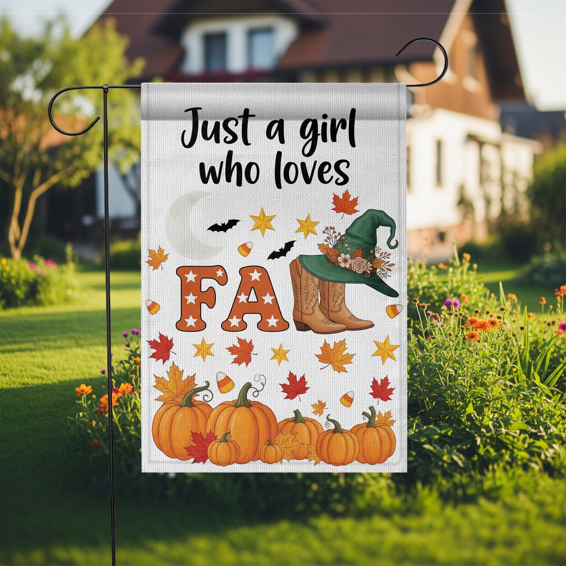 Just a Girl Who Loves Fall Garden Flag – Pumpkin Cozy Autumn Décor, Witch Hat & Boots Yard Banner