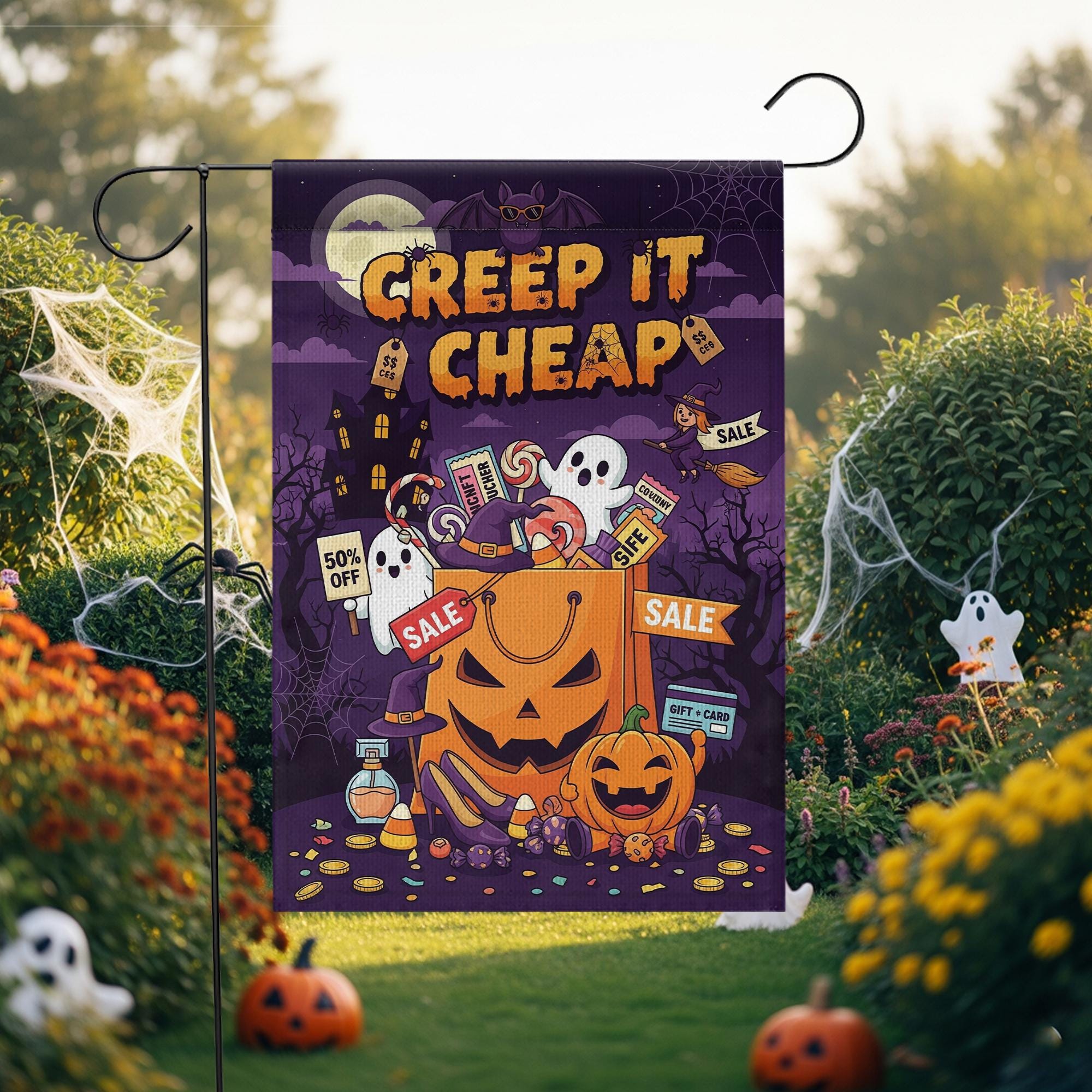 Creep It Cheap Halloween Flag – Spooky Sale Pumpkin Bag Garden Decor, Ghost Candy Yard Banner