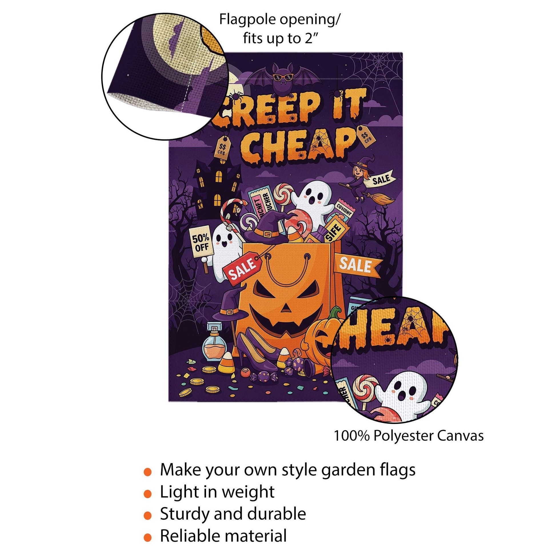 Creep It Cheap Halloween Flag – Spooky Sale Pumpkin Bag Garden Decor, Ghost Candy Yard Banner