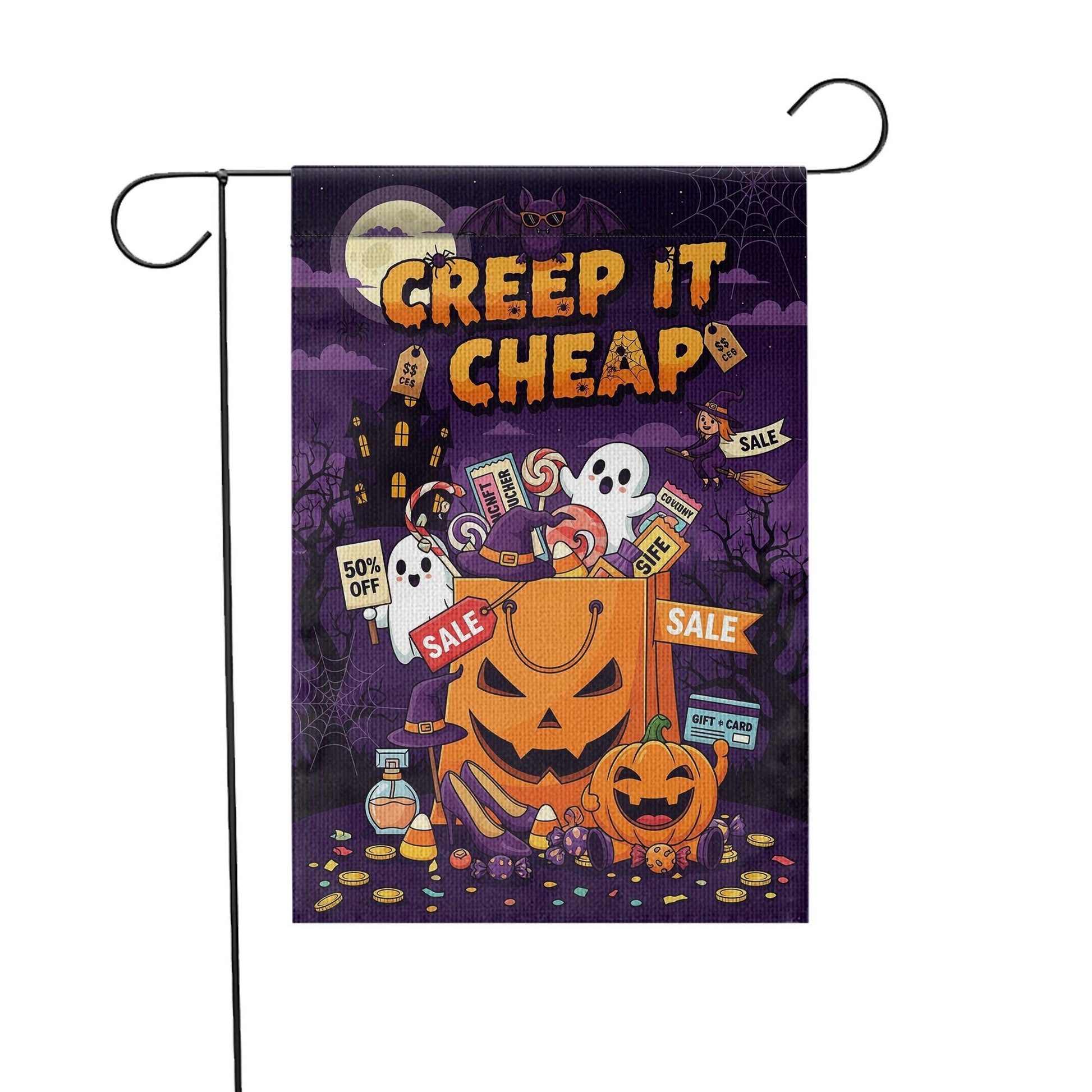 Creep It Cheap Halloween Flag – Spooky Sale Pumpkin Bag Garden Decor, Ghost Candy Yard Banner