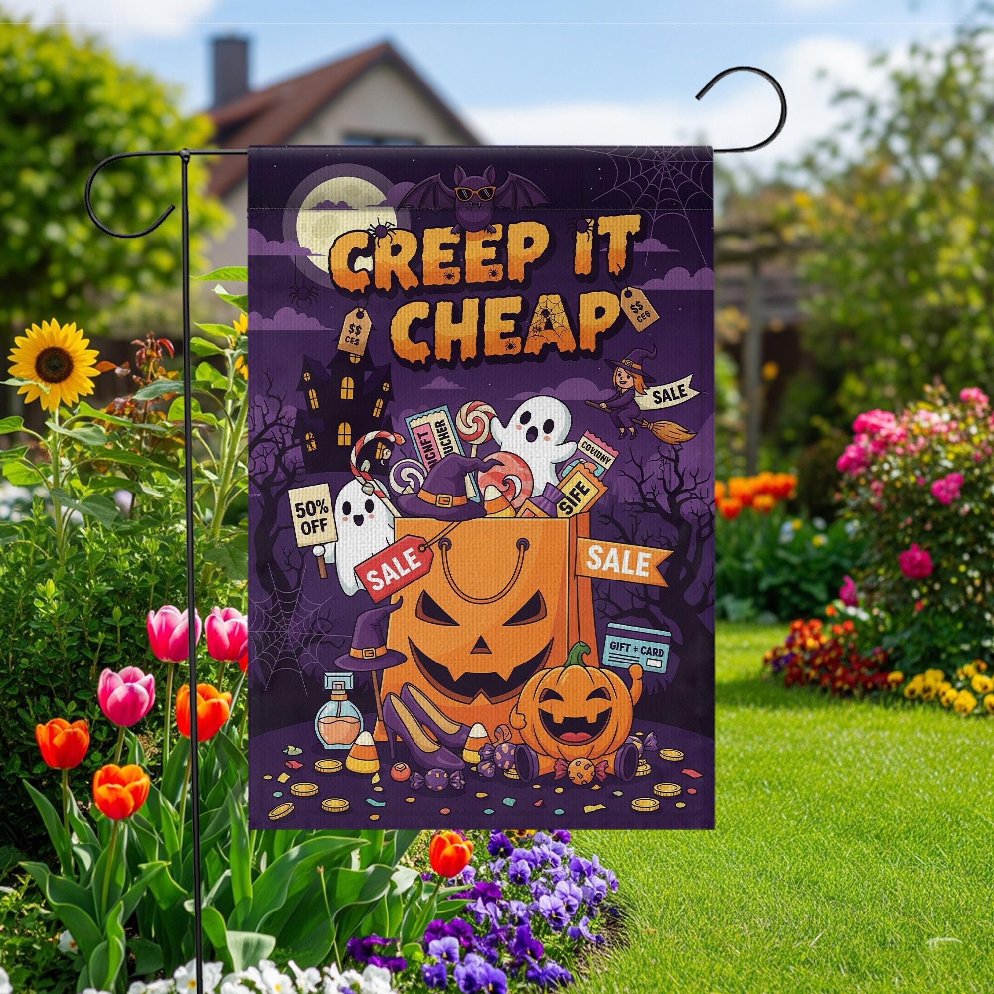 Creep It Cheap Halloween Flag – Spooky Sale Pumpkin Bag Garden Decor, Ghost Candy Yard Banner