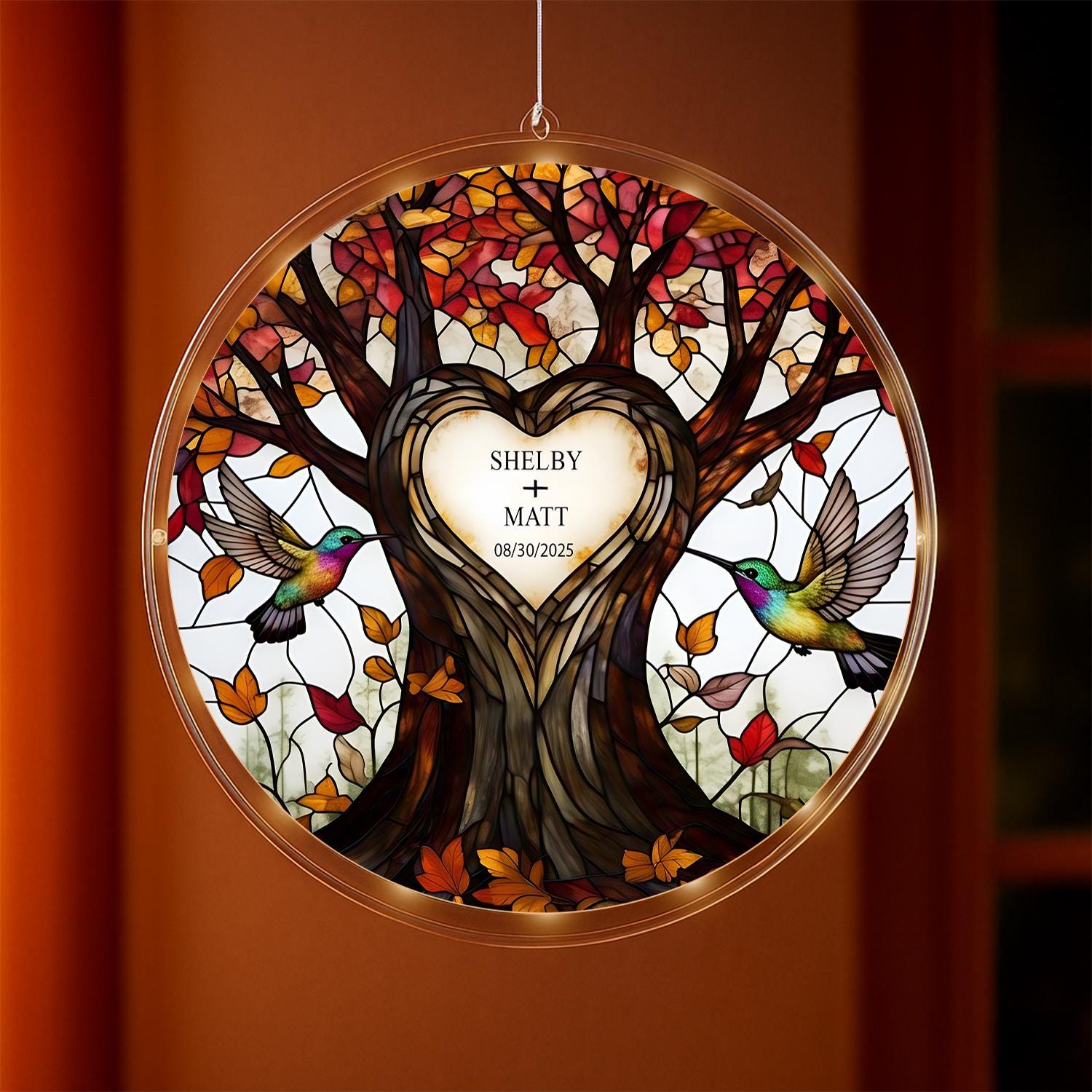 Personalized LED Hanging, Custom Couple Name and Date, Tree of Life with Autumn Leaves and Hummingbirds Window Decor Gift, Couple Gift