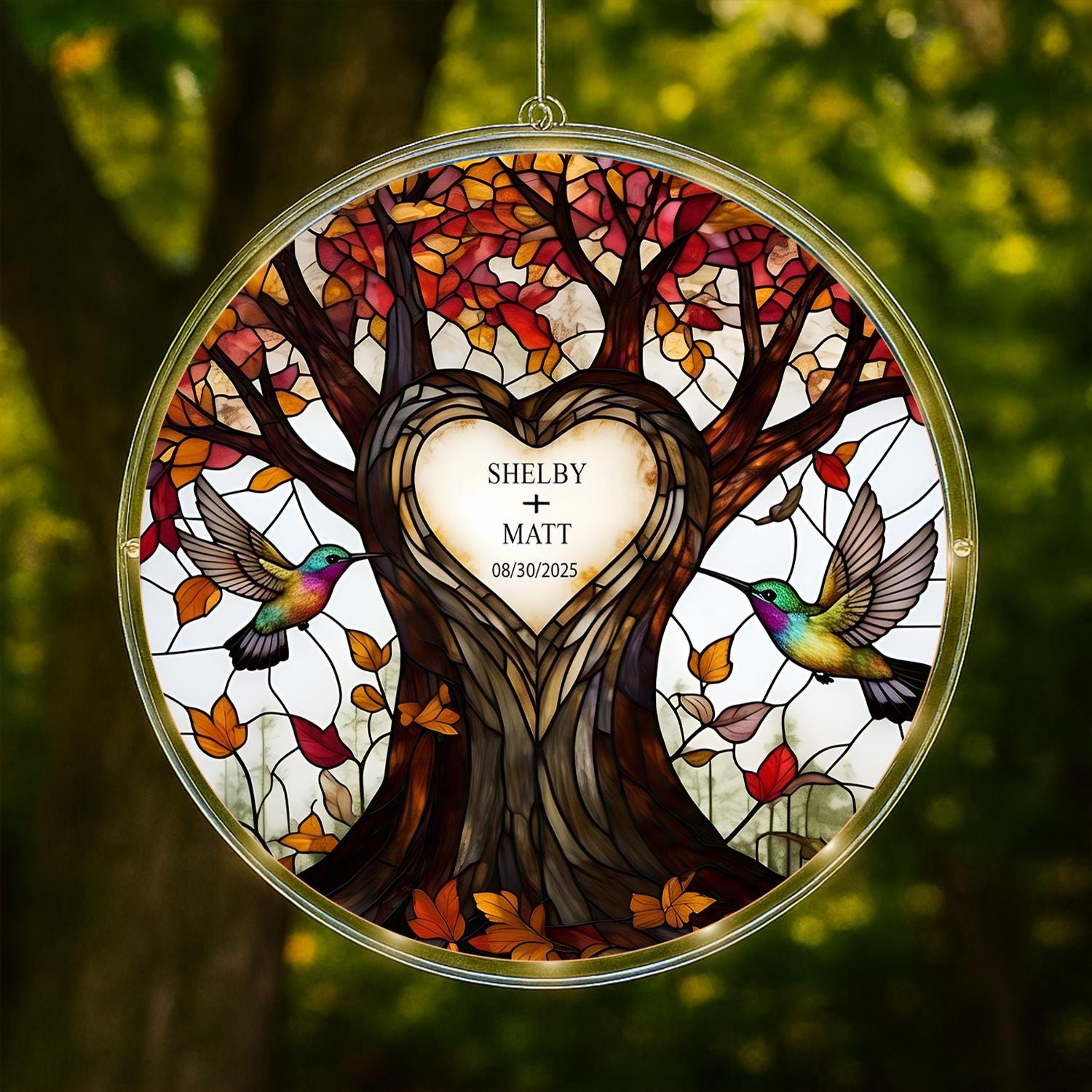 Personalized LED Hanging, Custom Couple Name and Date, Tree of Life with Autumn Leaves and Hummingbirds Window Decor Gift, Couple Gift