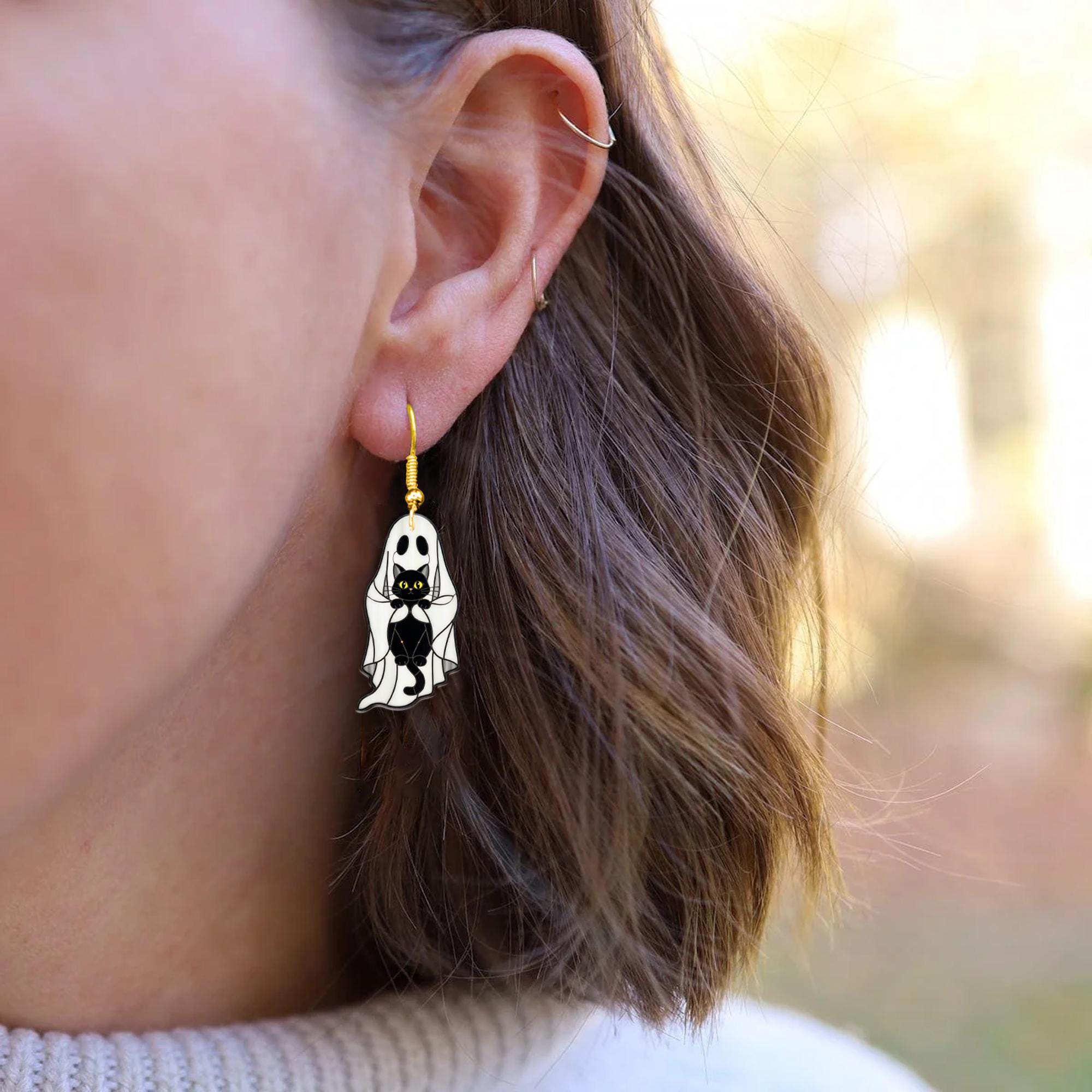 Halloween Black Cat Ghost Earrings, Spooky Cute Dangle Jewelry, Fun Fall Accessory for Women and Girls, Lightweight Gift, Cute Fall Gift