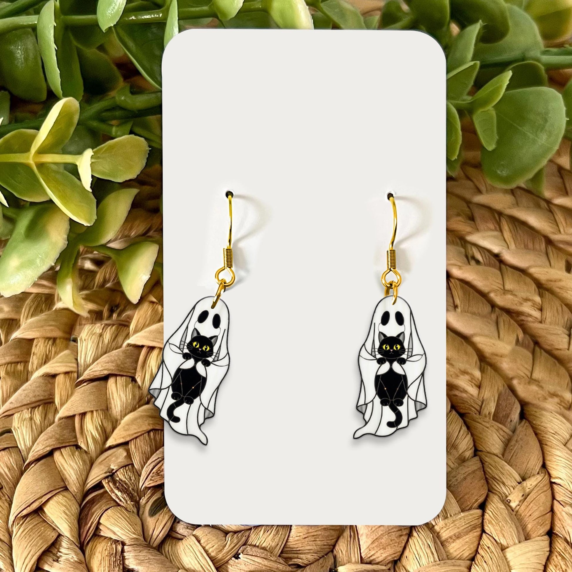 Halloween Black Cat Ghost Earrings, Spooky Cute Dangle Jewelry, Fun Fall Accessory for Women and Girls, Lightweight Gift, Cute Fall Gift