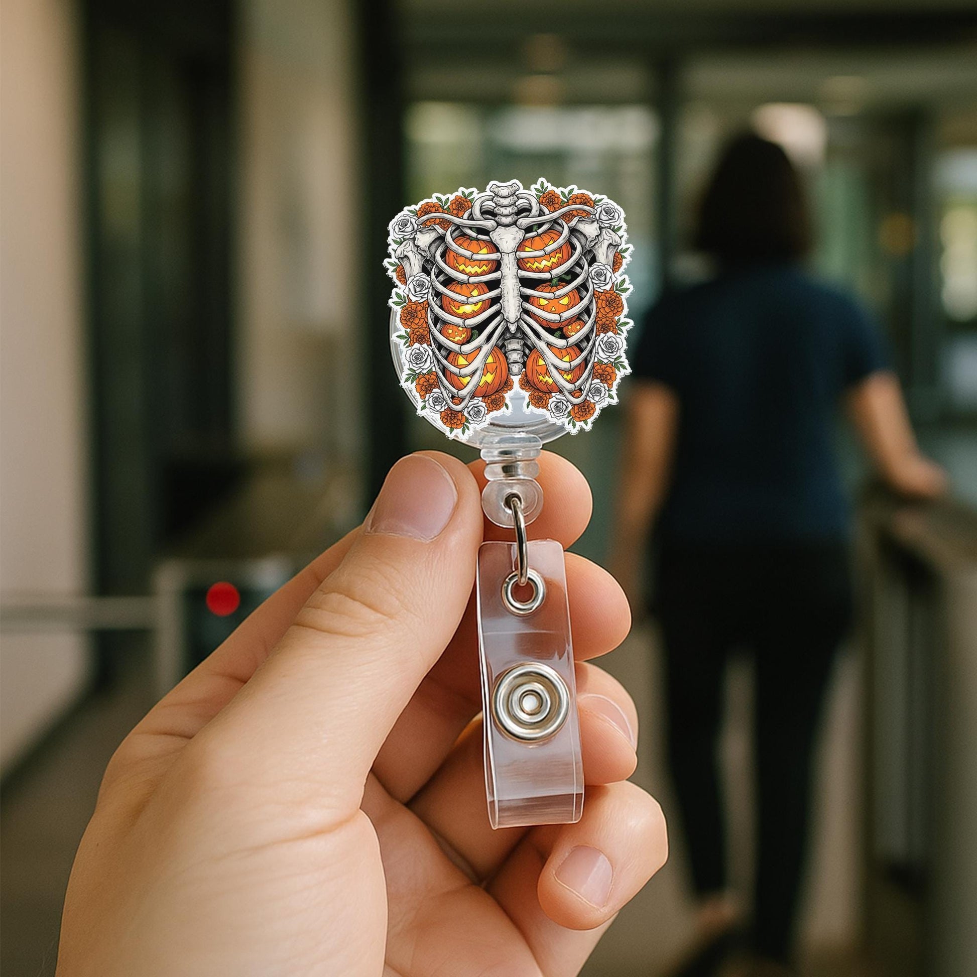 Halloween Skeleton Ribcage Badge Reel, Pumpkin and Flower ID Holder, Spooky Cute Nurse and Teacher Accessory for Fall, Cute Nurse Badge ID