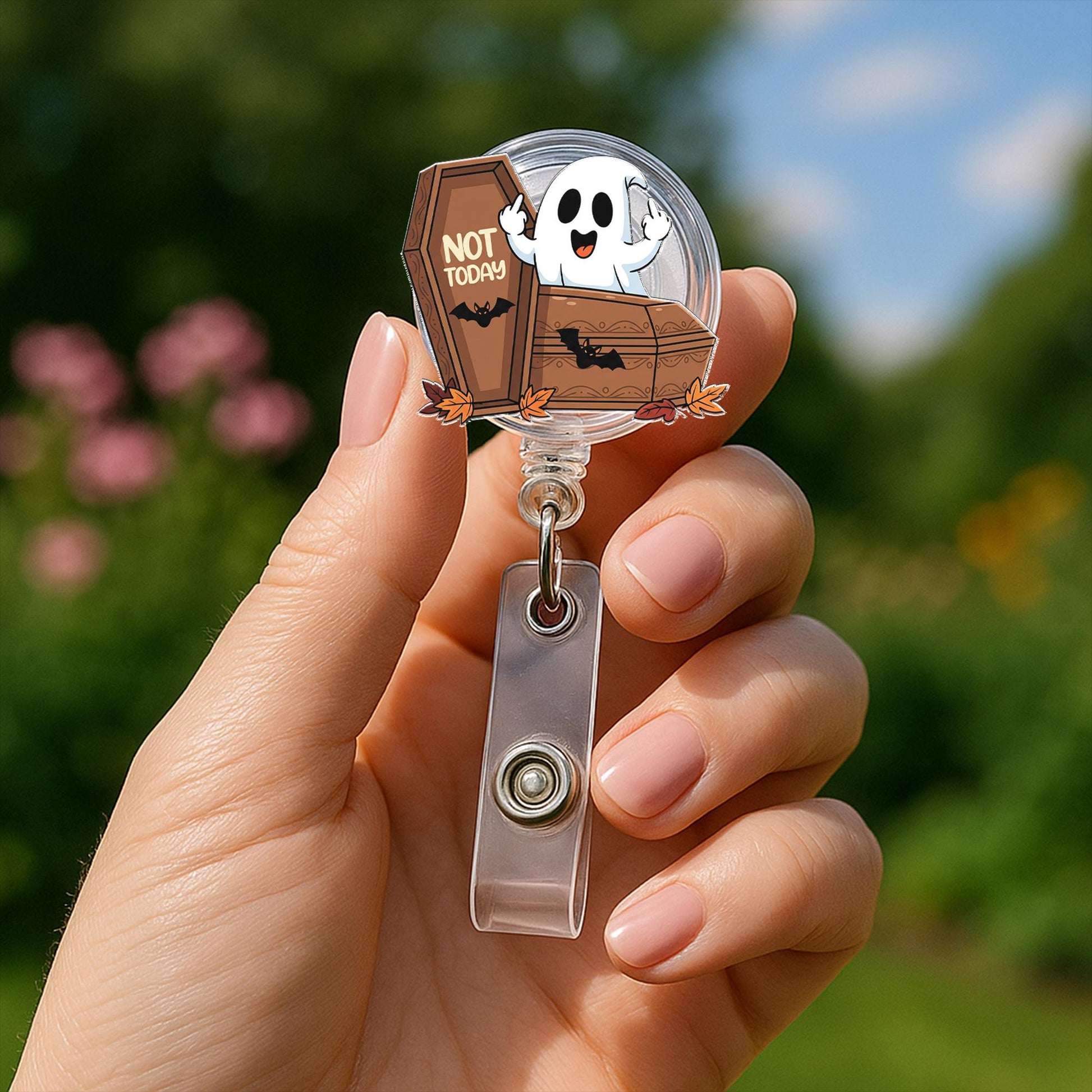 Halloween Ghost Coffin Badge Reel, Cute Spooky ID Holder with Fall Leaves, Fun Nurse and Teacher Accessory for Work, Cute Fall Gift Idea