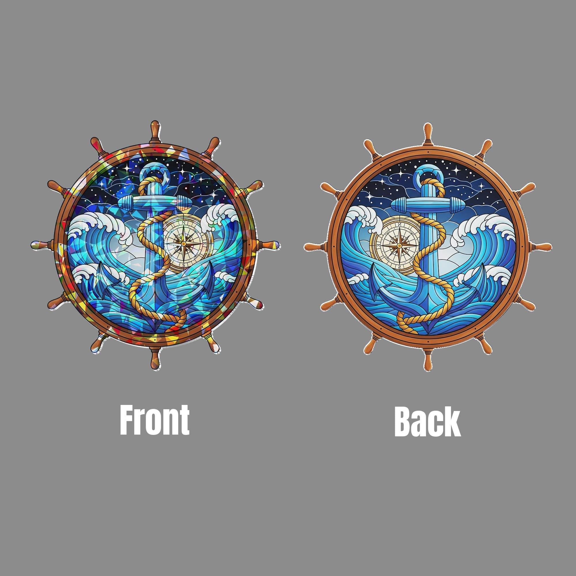 Acrylic Nautical Suncatcher, Ship Wheel with Anchor and Compass, Ocean Wave Window Hanging Coastal Maritime Home Decor