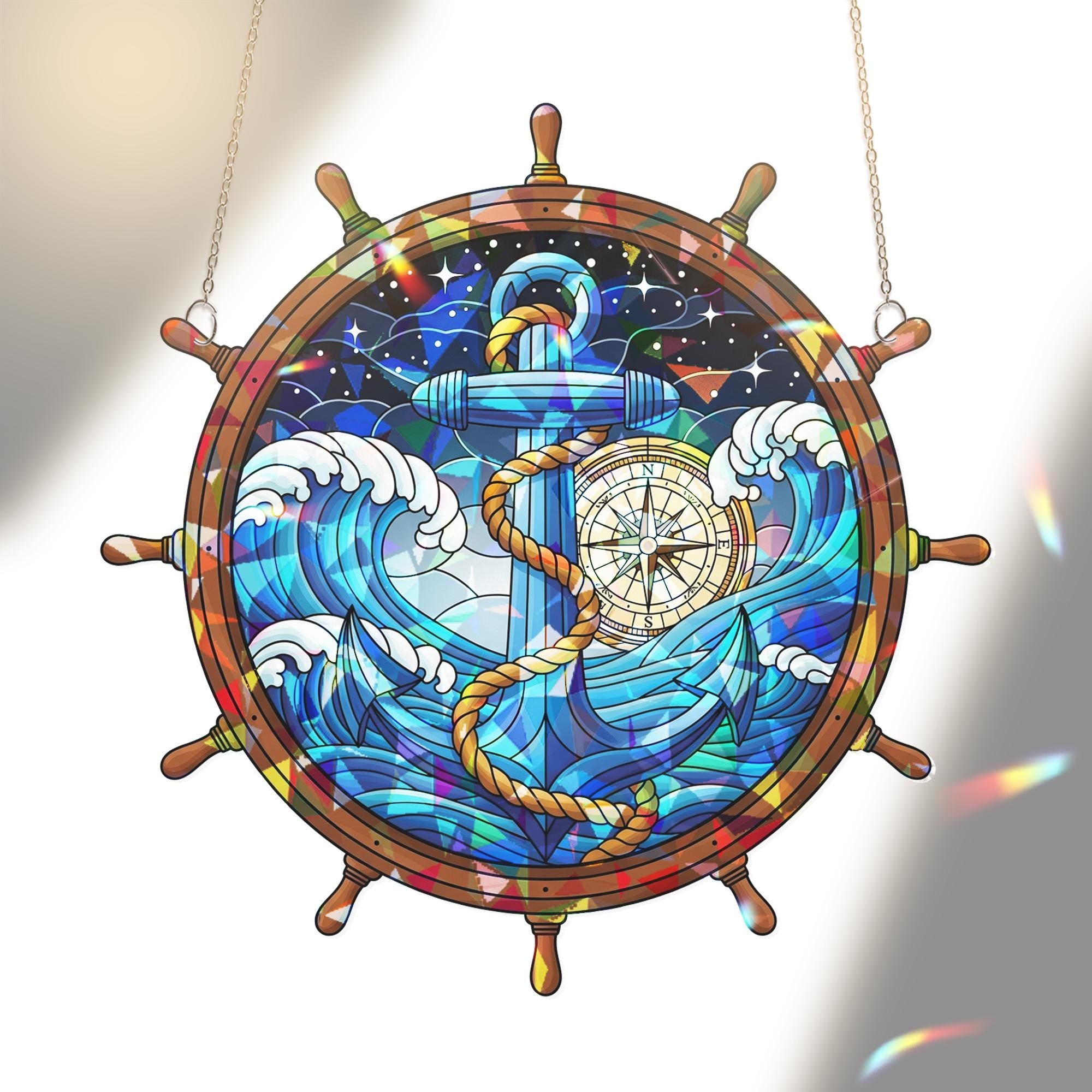 Acrylic Nautical Suncatcher, Ship Wheel with Anchor and Compass, Ocean Wave Window Hanging Coastal Maritime Home Decor