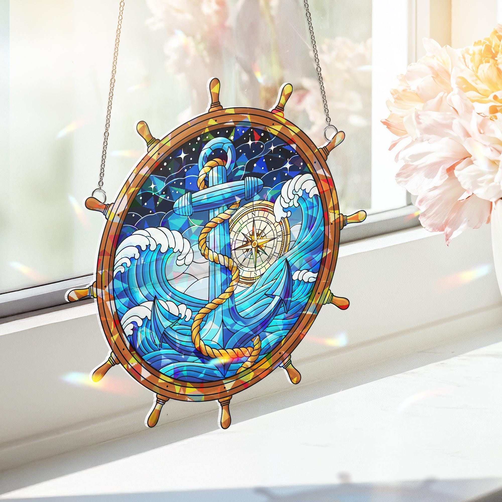 Acrylic Nautical Suncatcher, Ship Wheel with Anchor and Compass, Ocean Wave Window Hanging Coastal Maritime Home Decor