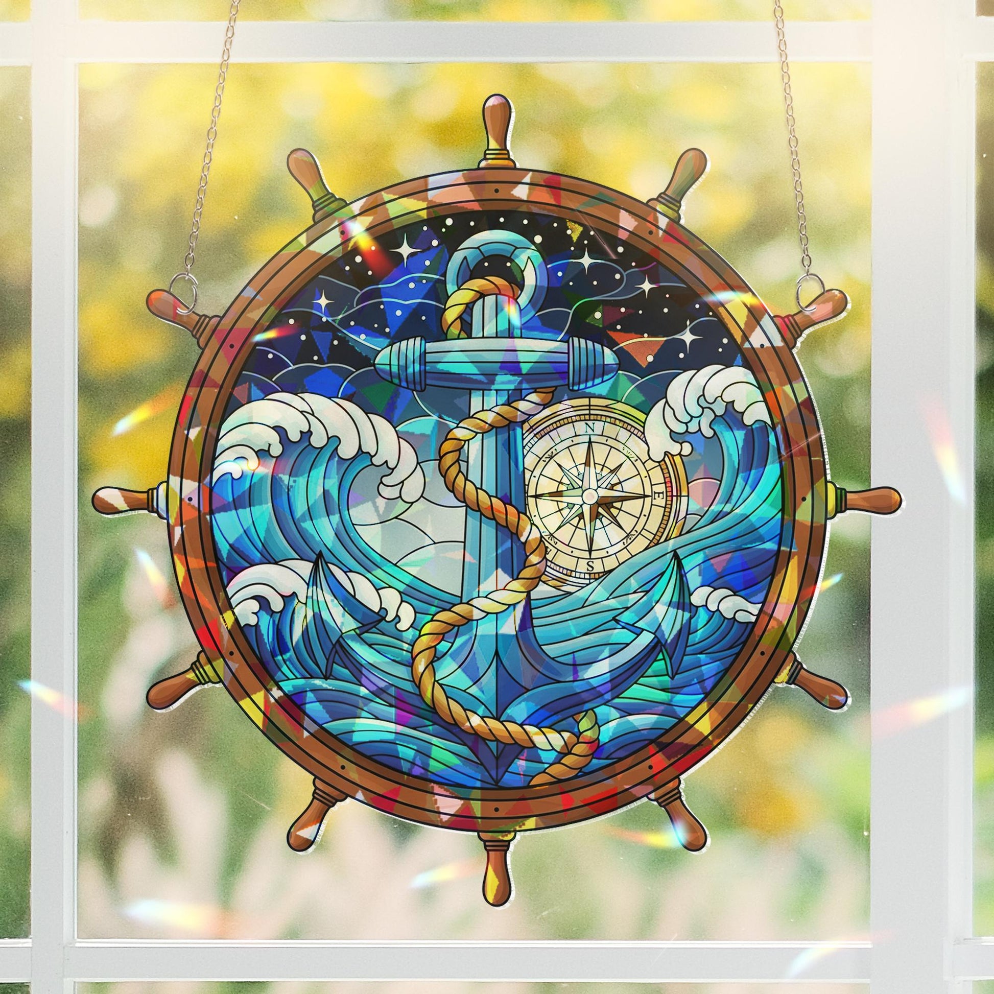 Acrylic Nautical Suncatcher, Ship Wheel with Anchor and Compass, Ocean Wave Window Hanging Coastal Maritime Home Decor
