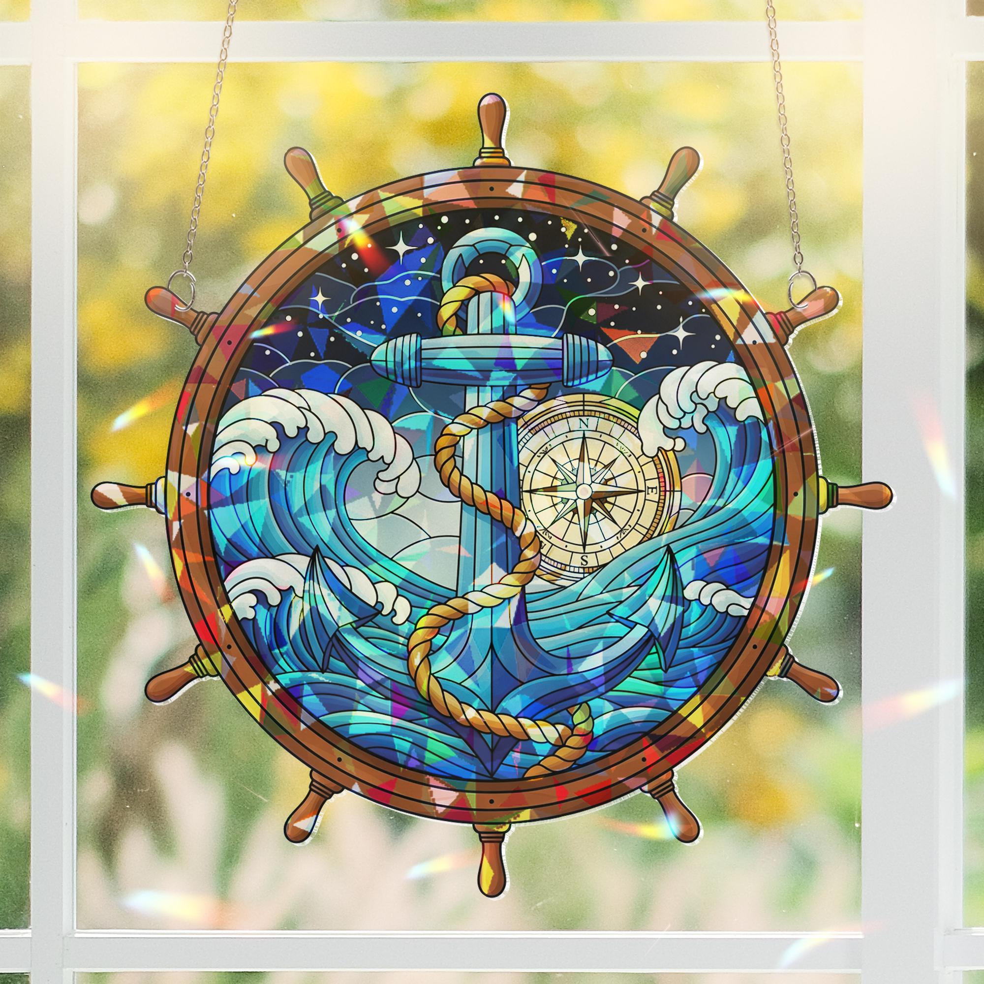 Acrylic Nautical Suncatcher, Ship Wheel with Anchor and Compass, Ocean Wave Window Hanging Coastal Maritime Home Decor