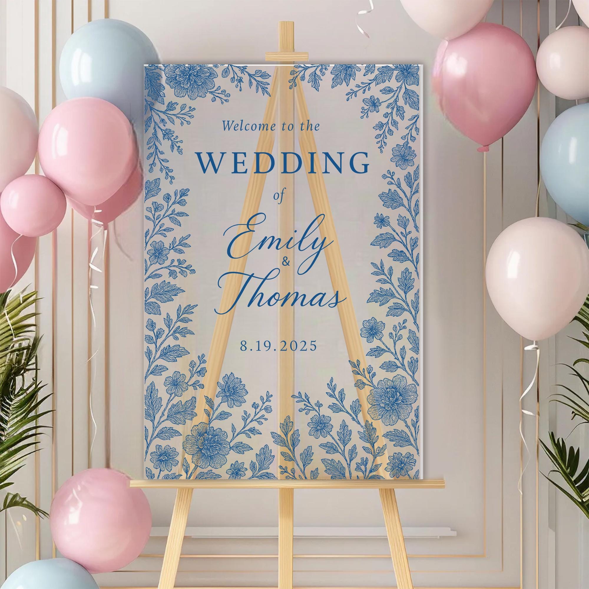 Chinoiserie Wedding Welcome Sign | Blue Floral Custom Name Sign | Elegant Entrance | Personalized Wedding Decor | Printable or Foam Board