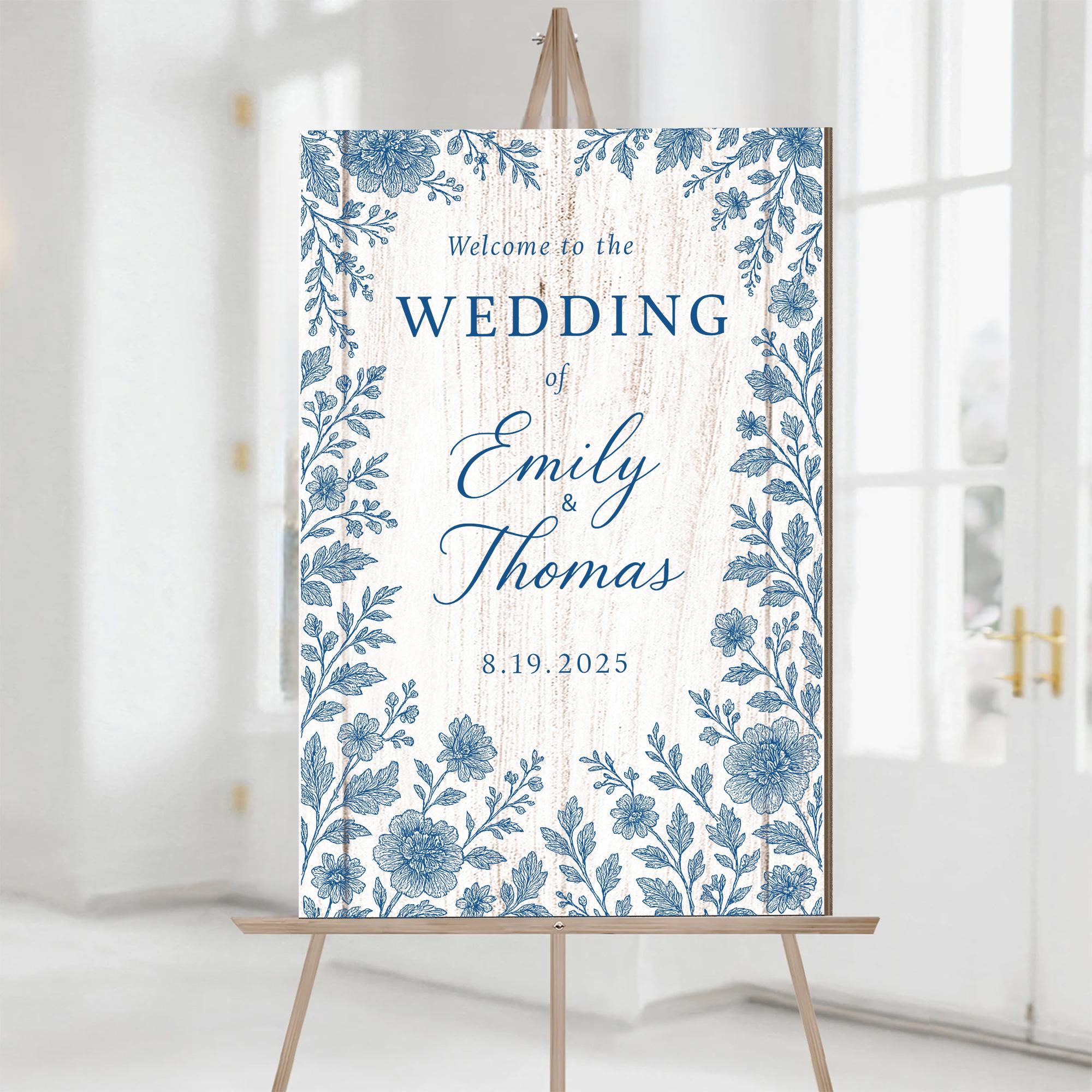 Chinoiserie Wedding Welcome Sign | Blue Floral Custom Name Sign | Elegant Entrance | Personalized Wedding Decor | Printable or Foam Board