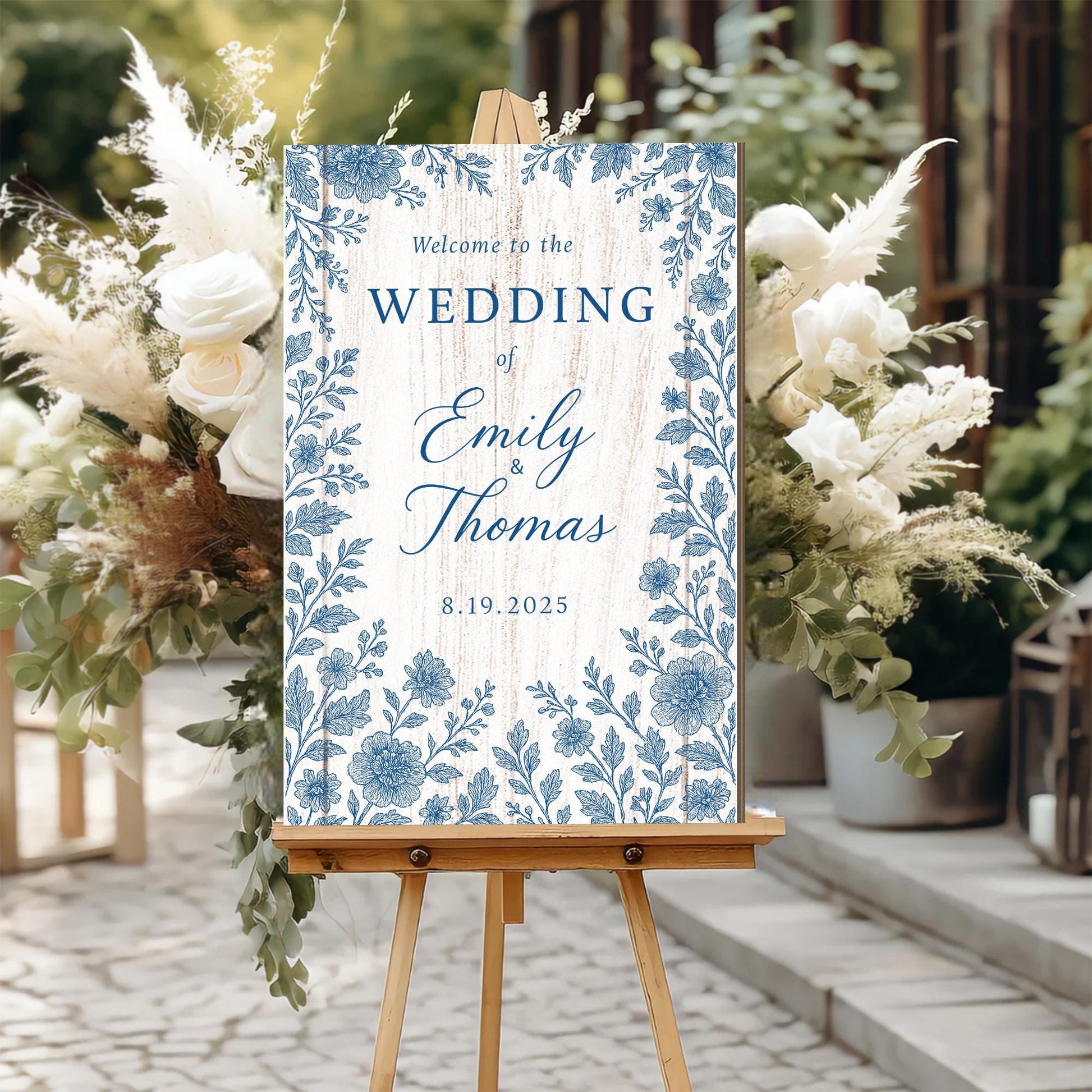 Chinoiserie Wedding Welcome Sign | Blue Floral Custom Name Sign | Elegant Entrance | Personalized Wedding Decor | Printable or Foam Board